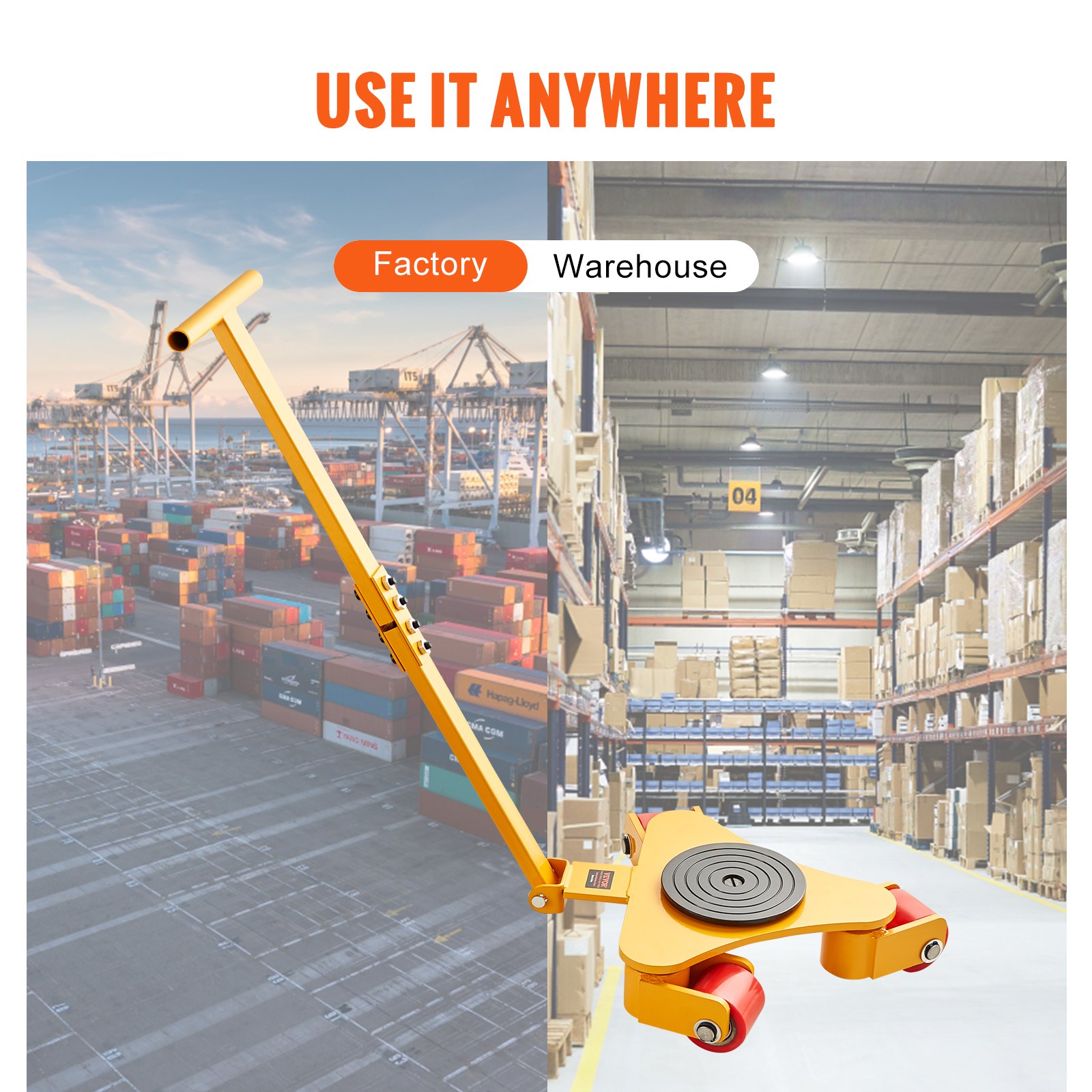 VEVOR 3T Transportkar met handvat 425x335x116mm Transportrollen van koolstofstaal Industriële rol met 3x 360° PU-wielen Rol Ф165x10mm Draaibare plaat Meubeltransporthulpmiddel Transportrol