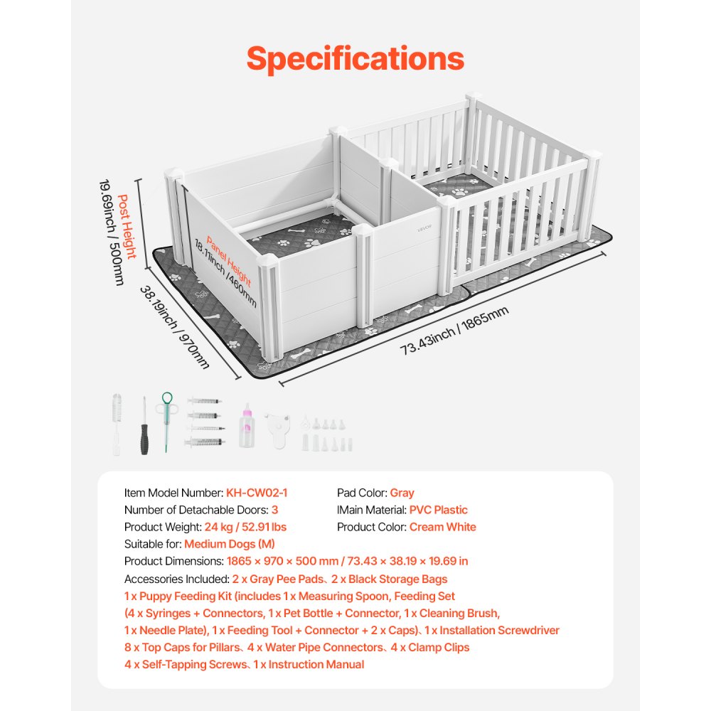 VEVOR Puppy Werpbox, 186,5 x 97 x 50 cm, Hondenren, met in hoogte verstelbare deur, Puppy Werpbox, Wasbare Pee Pad, PVC Plastic Werpbox voor Middelgrote Honden