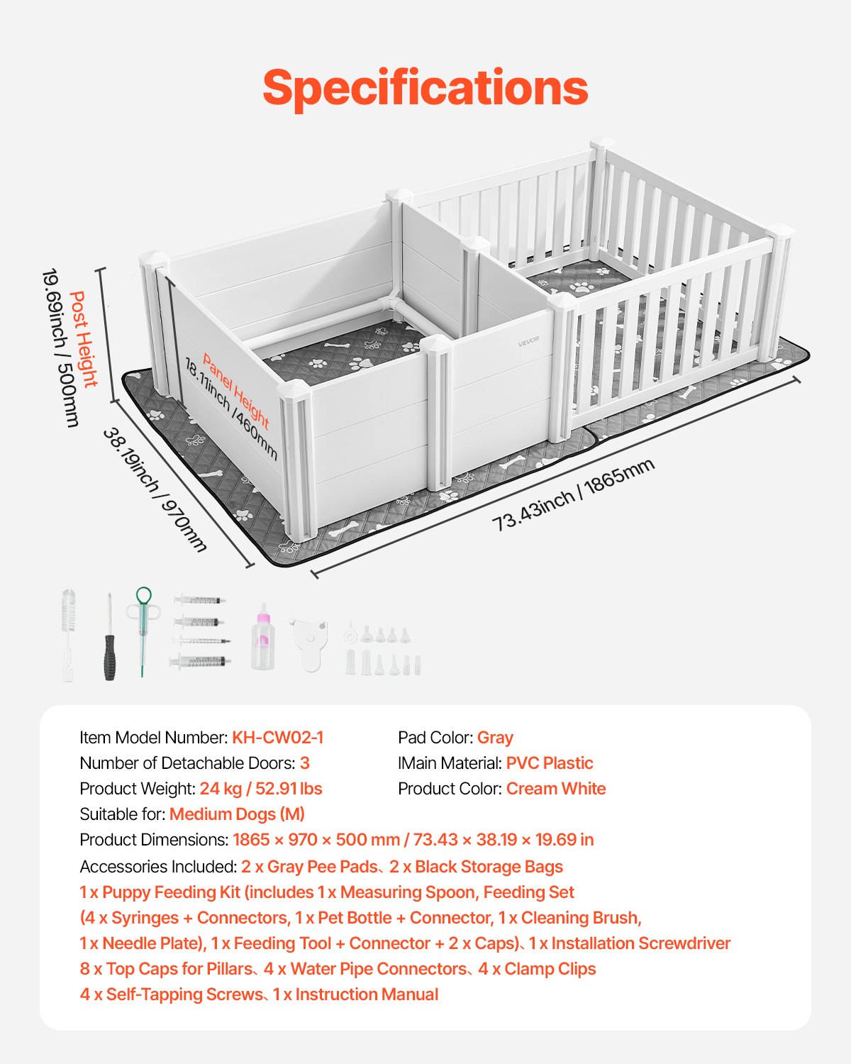 VEVOR Dog Whelping Box, 73x38x19.7 in, Plastic Dog Whelping Pen with Adjustable Height Door, Puppy Playpen with Waterproof Pee Pad, Easy to Clean, Durable Indoor Pet Birth Kit for Medium Sized Dogs