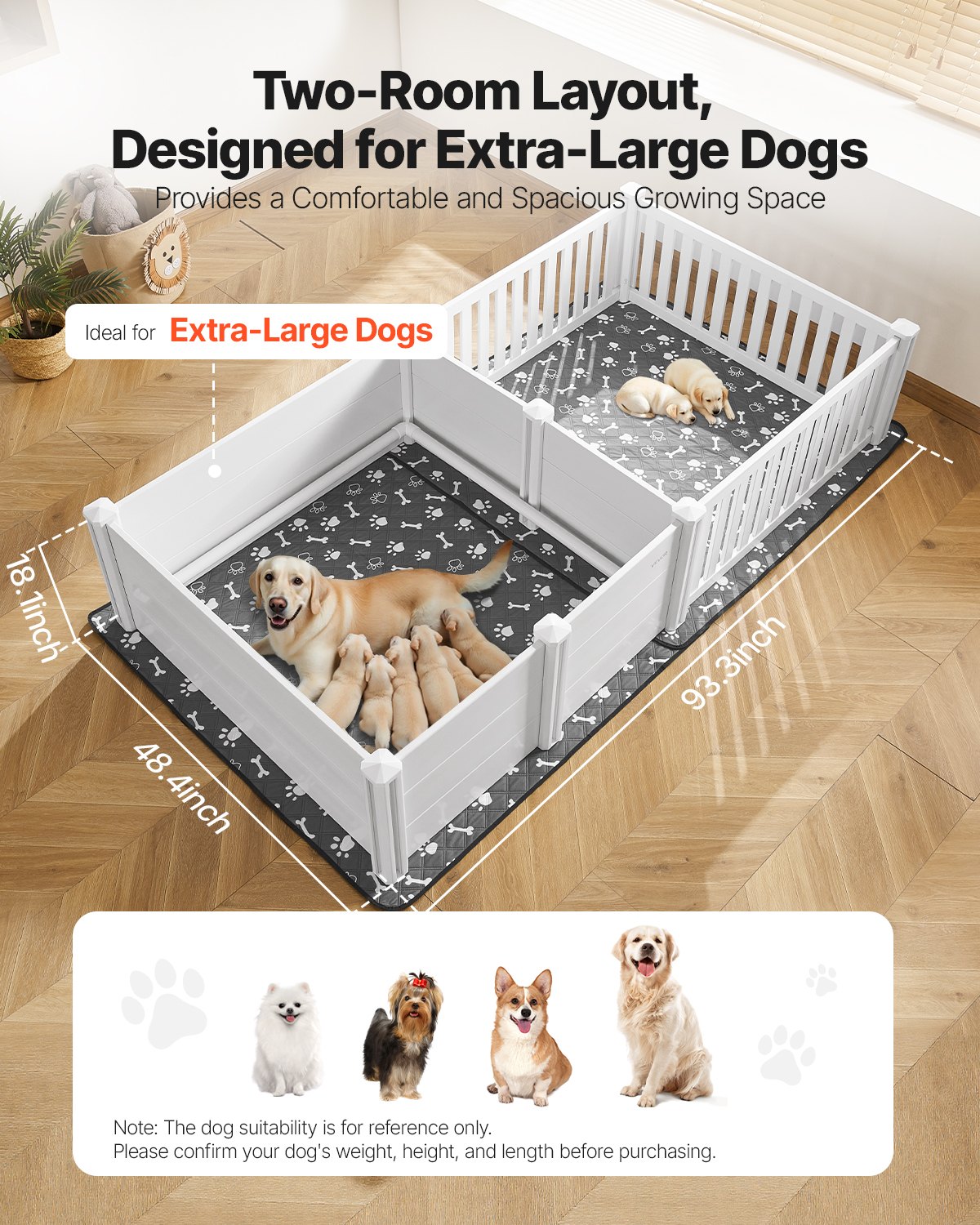 VEVOR Werpbench voor honden, 237 x 123 x 46 cm, kunststof PVC puppyren met in hoogte verstelbare deur en wasbare plasmat, indeling met 2 kamers, puppybench voor extra grote honden, melkwit