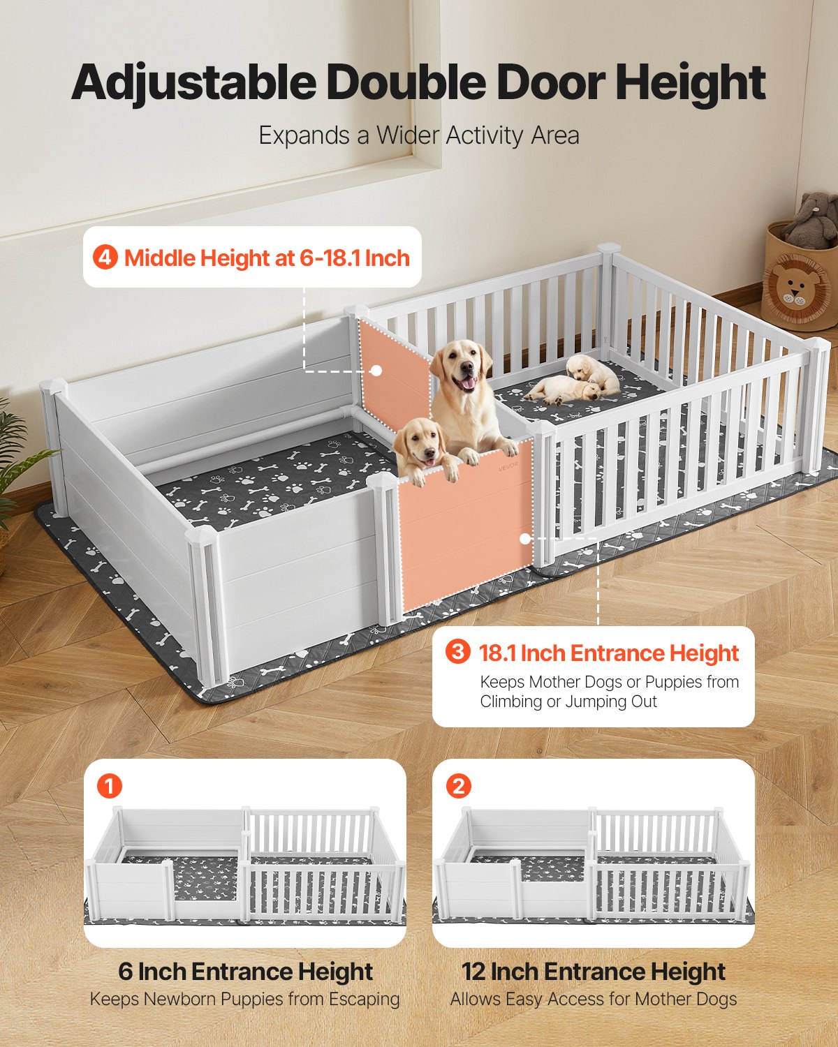 VEVOR Werpbench voor honden, 237 x 123 x 46 cm, kunststof PVC puppyren met in hoogte verstelbare deur en wasbare plasmat, indeling met 2 kamers, puppybench voor extra grote honden, melkwit