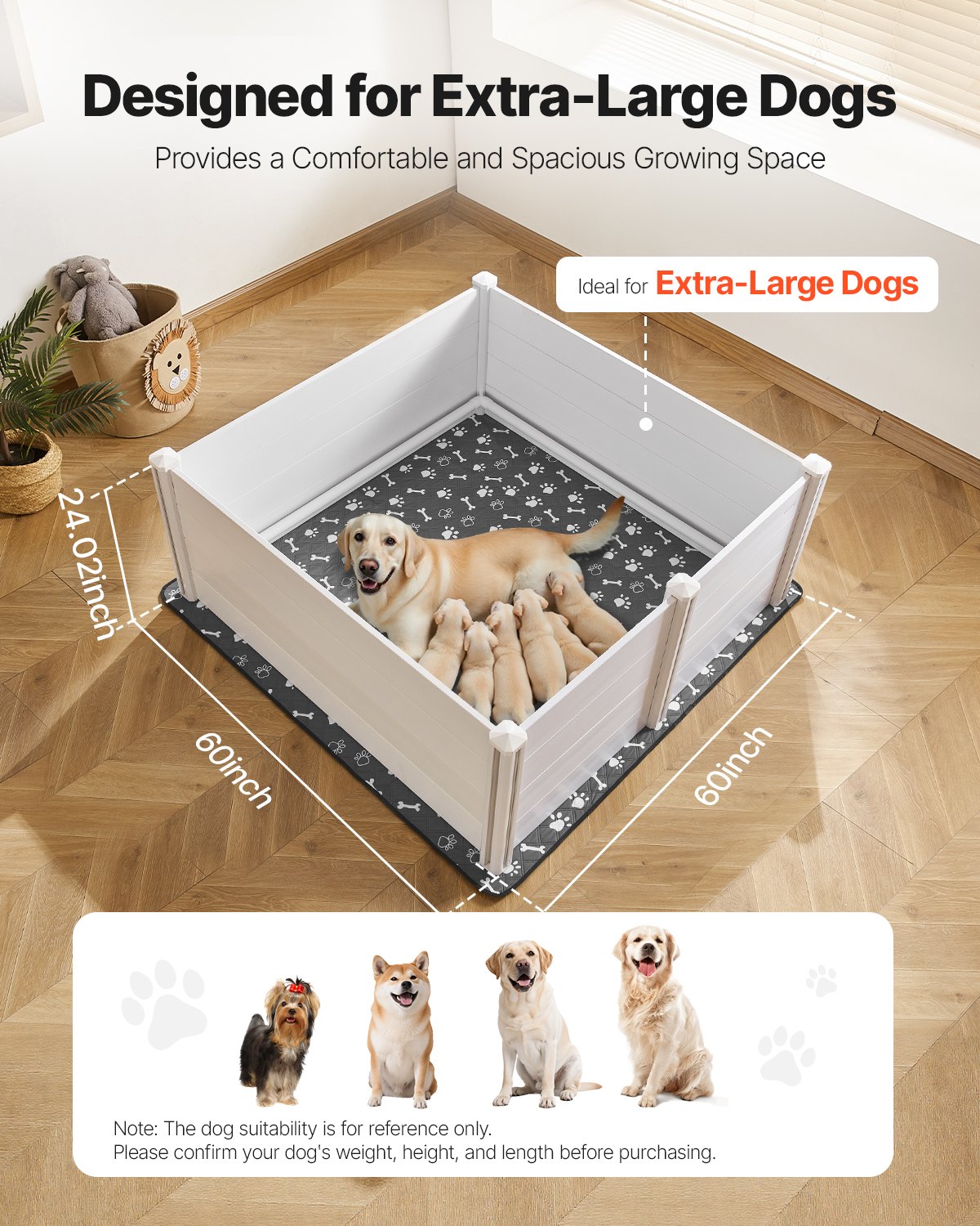 VEVOR Werpbox voor honden, 1520 x 1520 x 610 mm, kunststof PVC puppyren met in hoogte verstelbare deur en wasbare plasmat, puppybench voor extra grote honden, melkwit