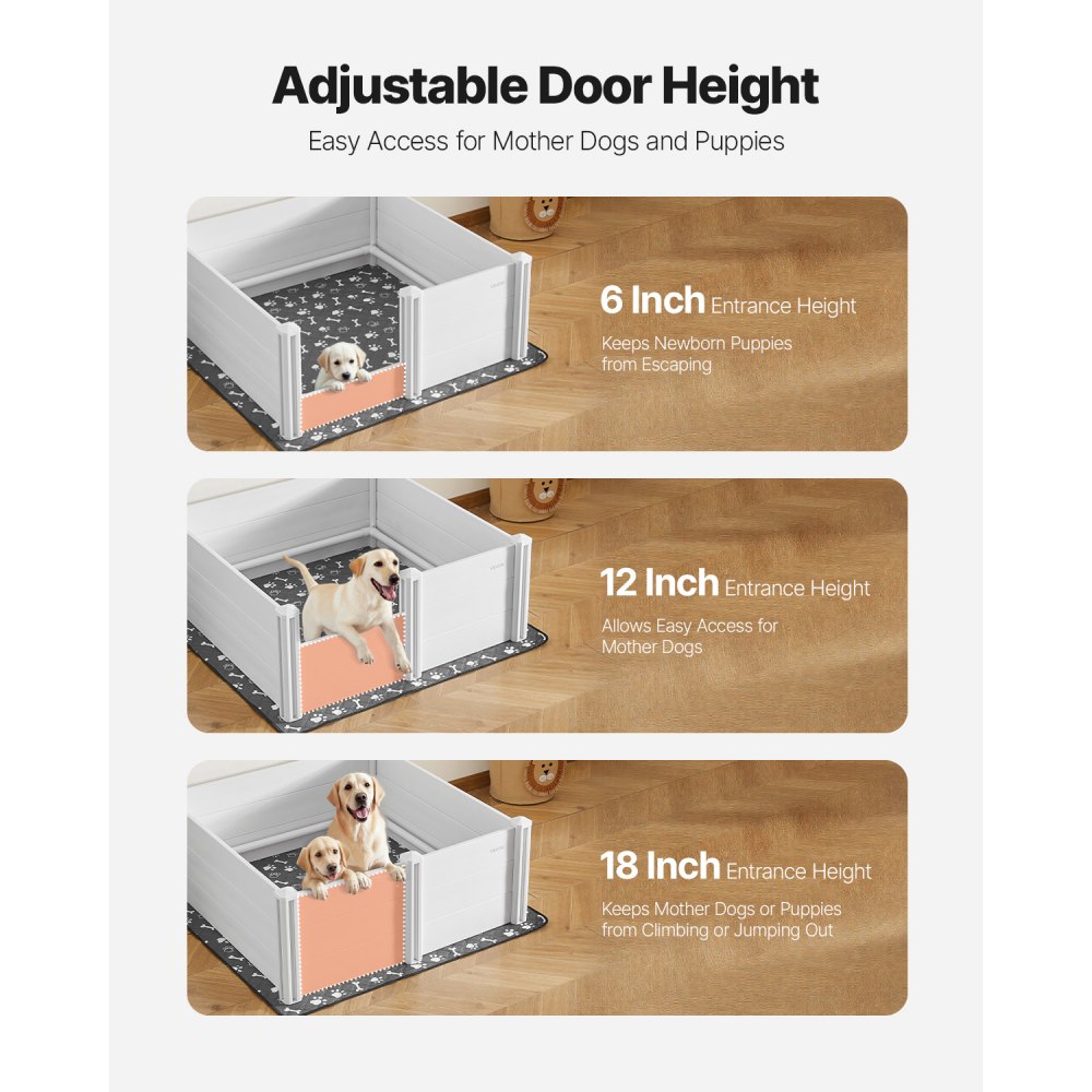 VEVOR Werpbox voor honden, 122 x 122 x 46 cm, kunststof PVC puppyren met in hoogte verstelbare deur en wasbare plasmat, vervormingsbestendige puppybench voor grote honden, melkwit