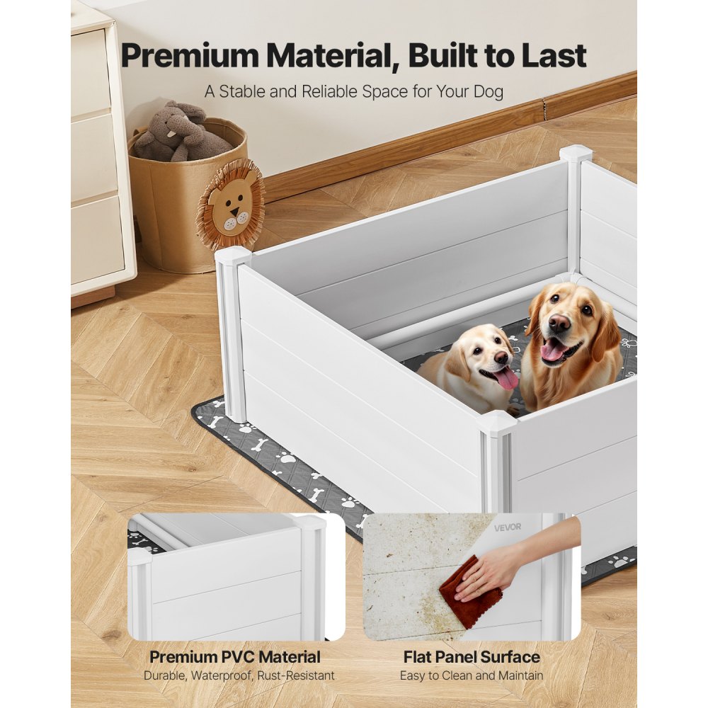 VEVOR Werpbox voor honden, 122 x 122 x 46 cm, kunststof PVC puppyren met in hoogte verstelbare deur en wasbare plasmat, vervormingsbestendige puppybench voor grote honden, melkwit