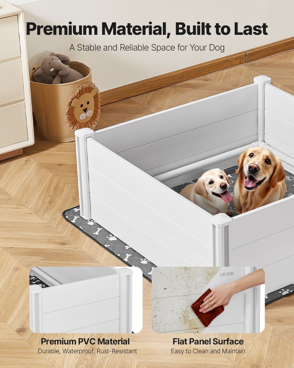 VEVOR Werpbox voor honden, 122 x 122 x 46 cm, kunststof PVC puppyren met in hoogte verstelbare deur en wasbare plasmat, vervormingsbestendige puppybench voor grote honden, melkwit