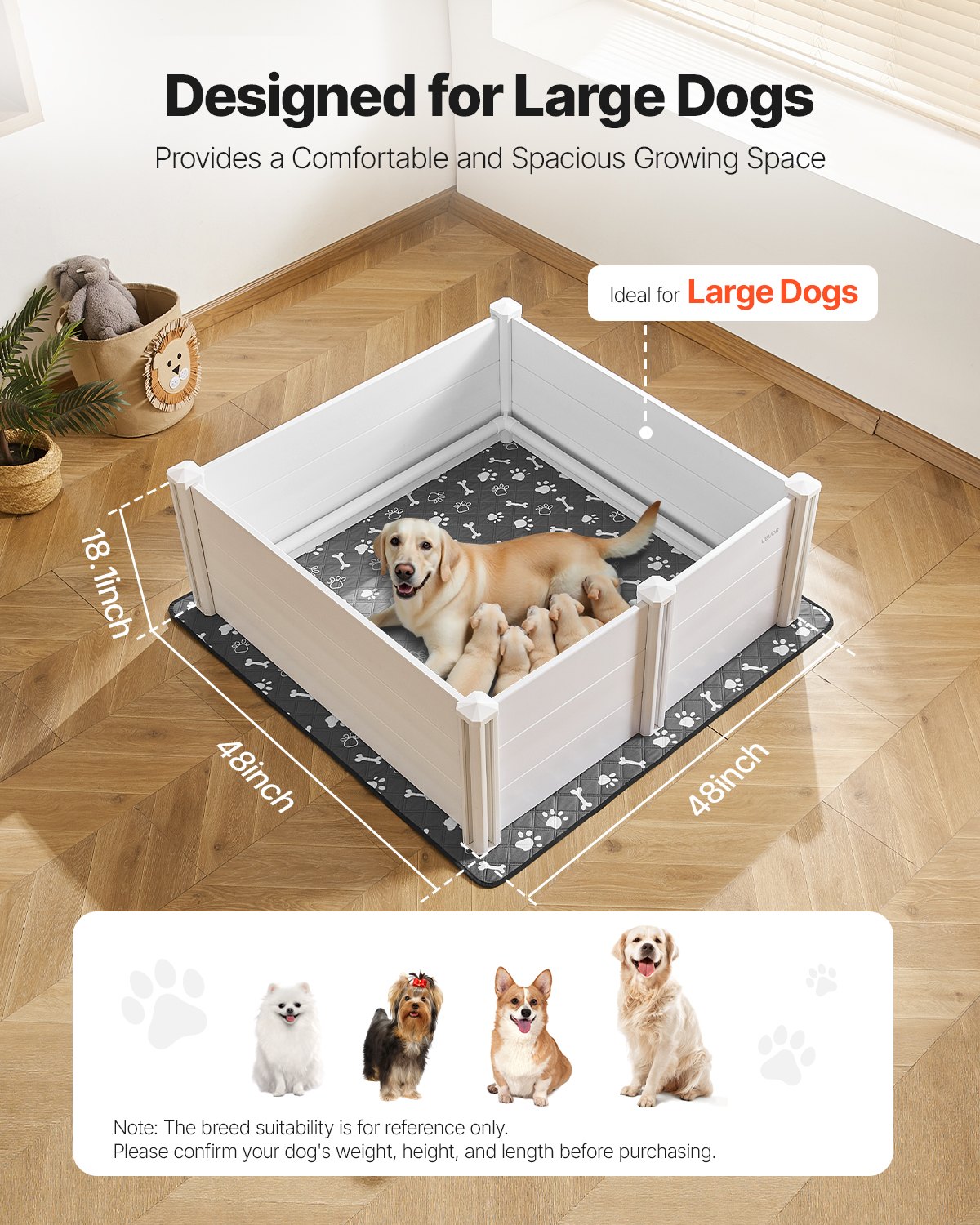 VEVOR Werpbox voor honden, 122 x 122 x 46 cm, kunststof PVC puppyren met in hoogte verstelbare deur en wasbare plasmat, vervormingsbestendige puppybench voor grote honden, melkwit