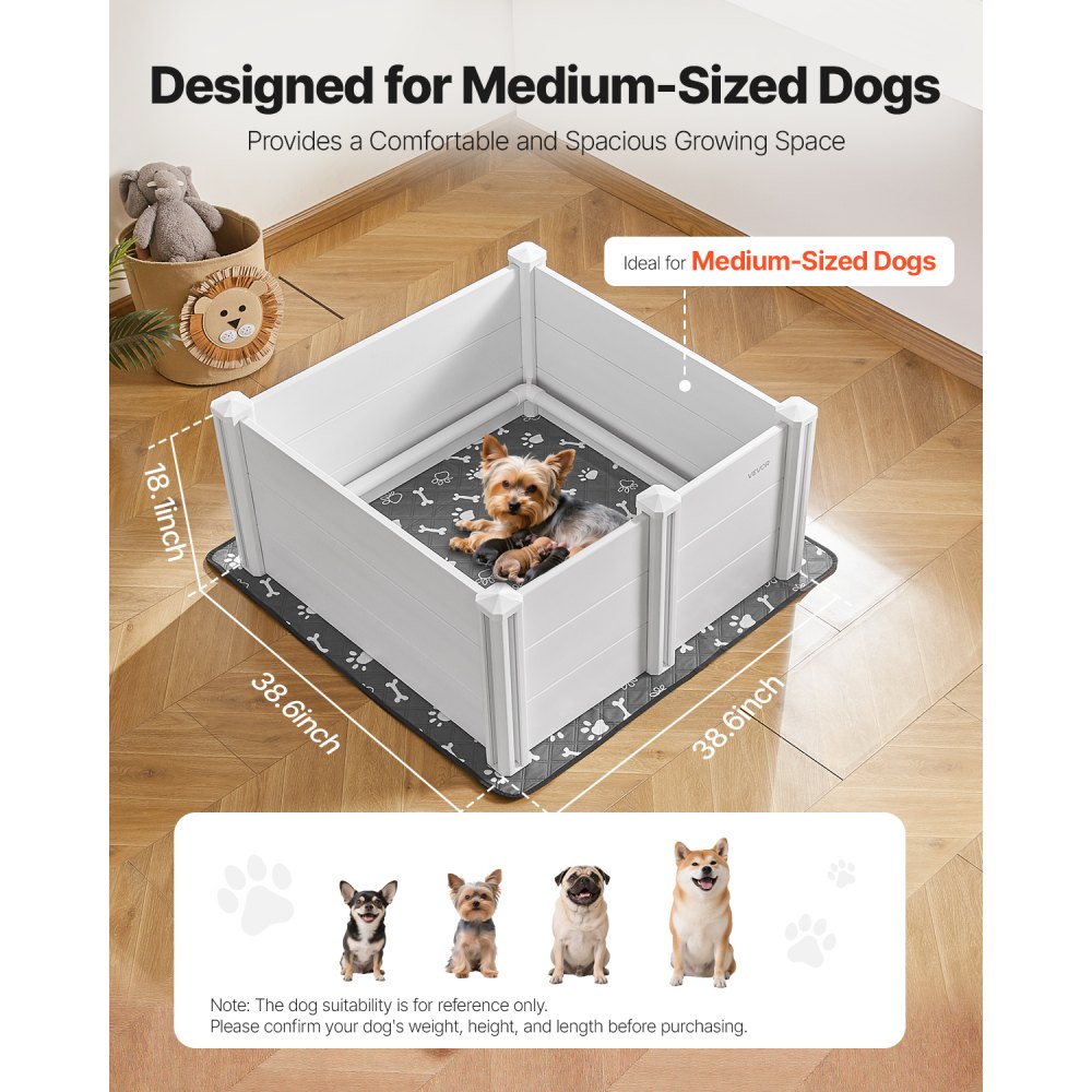 VEVOR Dogs Whelping Box, 38.6 x 38.6 x 18.1 inch, Plastic PVC Puppies Playpen with Height Adjustable Door and Washable Pee Pad, Anti-Deformation Indoor Puppy Play Pen for Medium Breed Dogs, Milk White