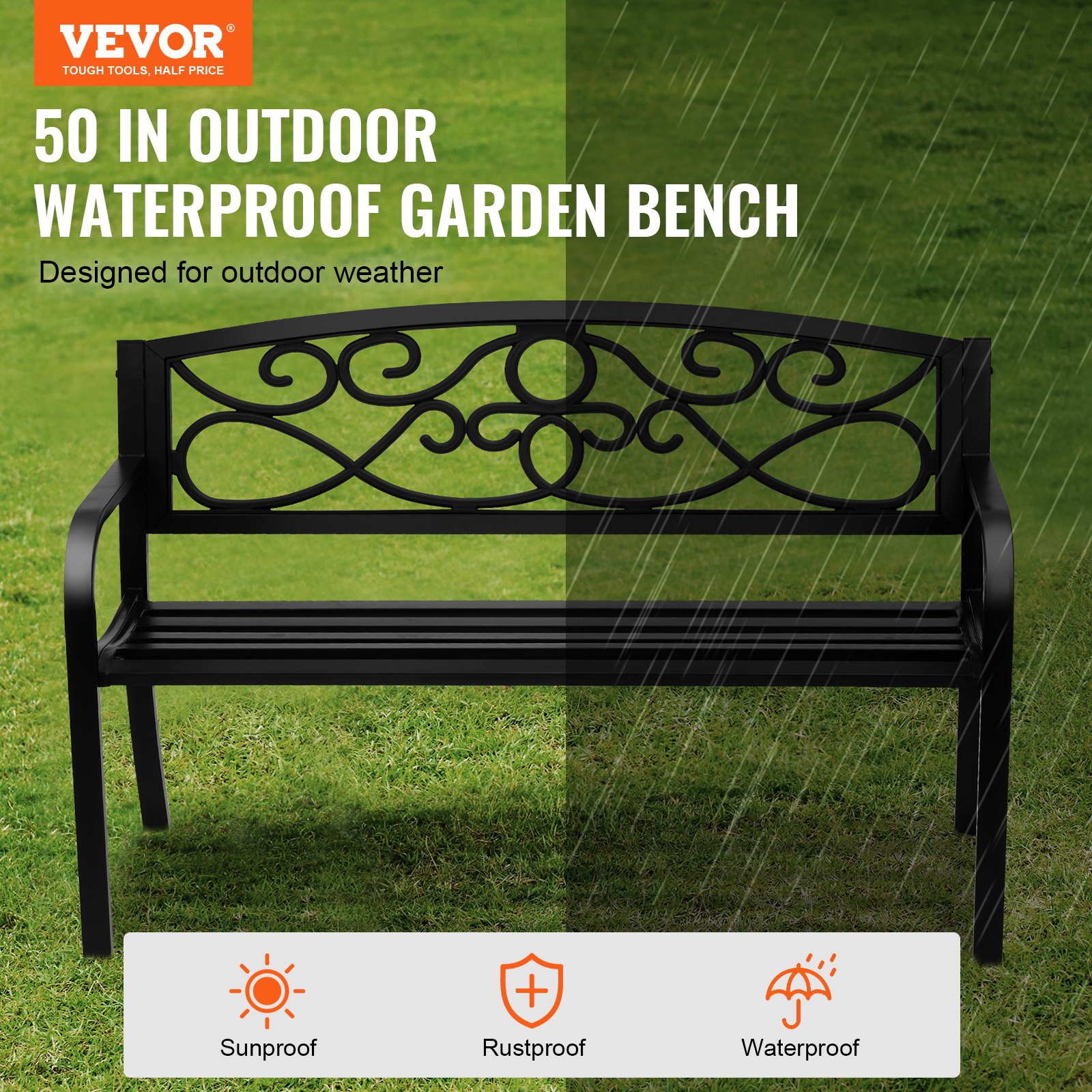VEVOR Outdoor Bench, 50 inches Metal Garden Bench for Outdoors, 550 lbs Load Capacity Bench, Outdoor Garden Park Bench with Backrest and Armrests, Patio Bench for Garden, Park, Yard, Front Porch