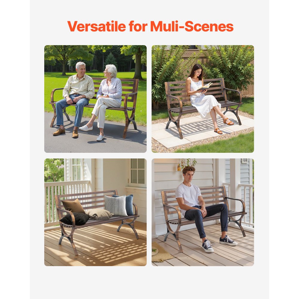 VEVOR Outdoor Bench, 127 cm, Carbon Steel Metal Frame with Slatted Pattern Backrest and Round Edge Armrests, Weatherproof Outside Bench for Patio, Garden, Park, Yard, Front Porch, Antique Bronze