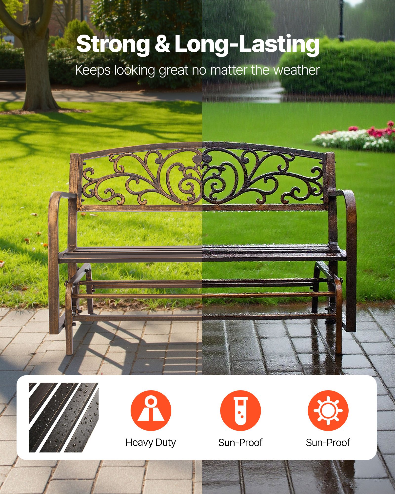 VEVOR Tuinbank Tuinmeubelen Banken 127 cm 250 kg Draagvermogen, Terrasbank met Metalen Frame van Koolstofstaal, Balkonbank met Armleuningen, Verandabank voor Tuin Park Tuin Terras, Antiek Brons