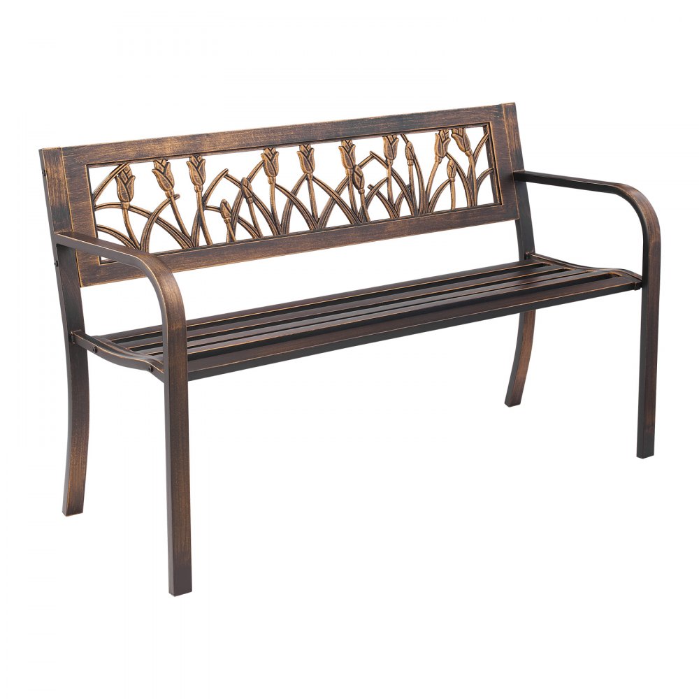 VEVOR Outdoor Bench, 127 cm, Carbon Steel Metal Frame with PVC Floral Pattern Backrest and Round Edge Armrests, Weatherproof Outside Bench for Patio, Garden, Park, Yard, Front Porch, Antique Bronze