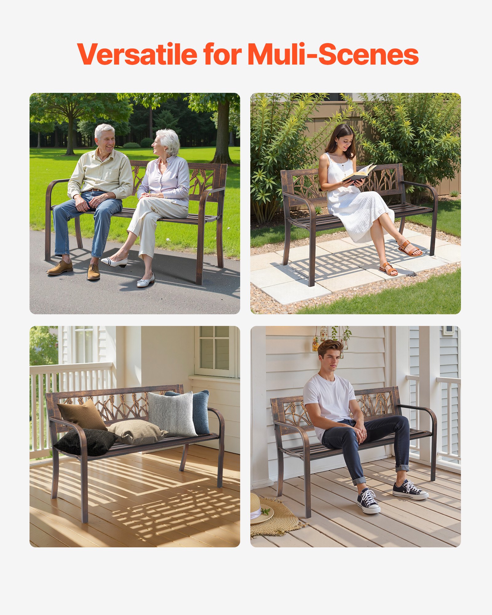 VEVOR Outdoor Bench, 127 cm, Carbon Steel Metal Frame with PVC Floral Pattern Backrest and Round Edge Armrests, Weatherproof Outside Bench for Patio, Garden, Park, Yard, Front Porch, Antique Bronze