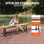 VEVOR outdoor bench by a lakeside, natural wood texture, black lacquered legs, versatile design.