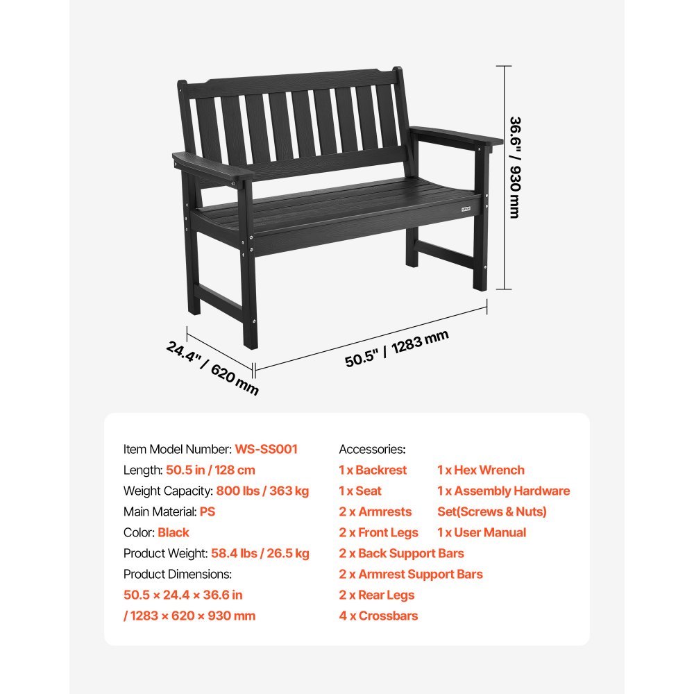 VEVOR Tuinbank Tuinmeubelen Banken 128 cm 363 kg Draagvermogen voor 2-3 Personen, Weerbestendig Kunststof Frame met Rugleuning & Brede Armleuningen, Patio Bank voor Tuin Park Tuin Veranda, Zwart