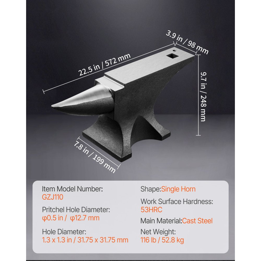 VEVOR Single Horn Anvil, 110lbs Cast Steel Anvil, High Hardness Rugged Round Horn Anvil for Blacksmiths, with Large Countertop and Stable Base, Metal Working Tool for Metal Bending, Shaping, Twisting