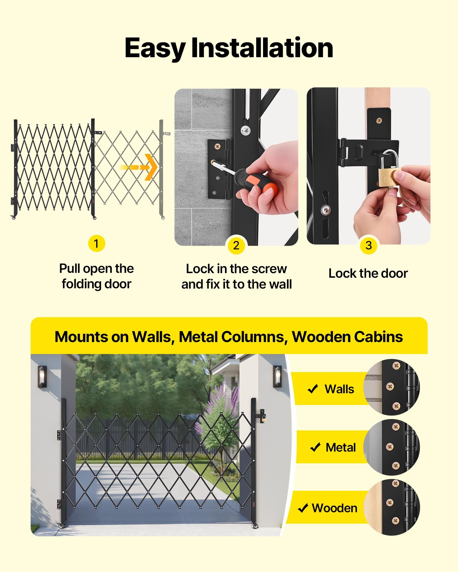 VEVOR Single Folding Security Gate, Lockable Scissor Gate with 360° Swivel Casters, Outdoor Barricade Steel Retractable Gates, for Entry Security, Garage, Warehouse & Pool, 74.80 x 51.57 in (W x H)