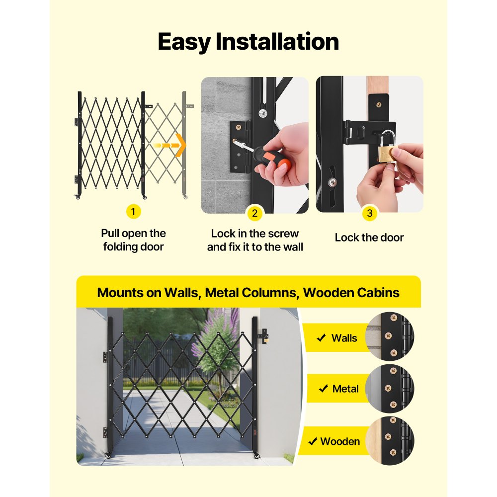 VEVOR Single Folding Security Gate, Lockable Scissor Gate with 360° Swivel Casters, Outdoor Barricade Steel Retractable Gates, for Entry Security, Garage, Warehouse & Pool, 43.31 x 51.57 in (W x H)
