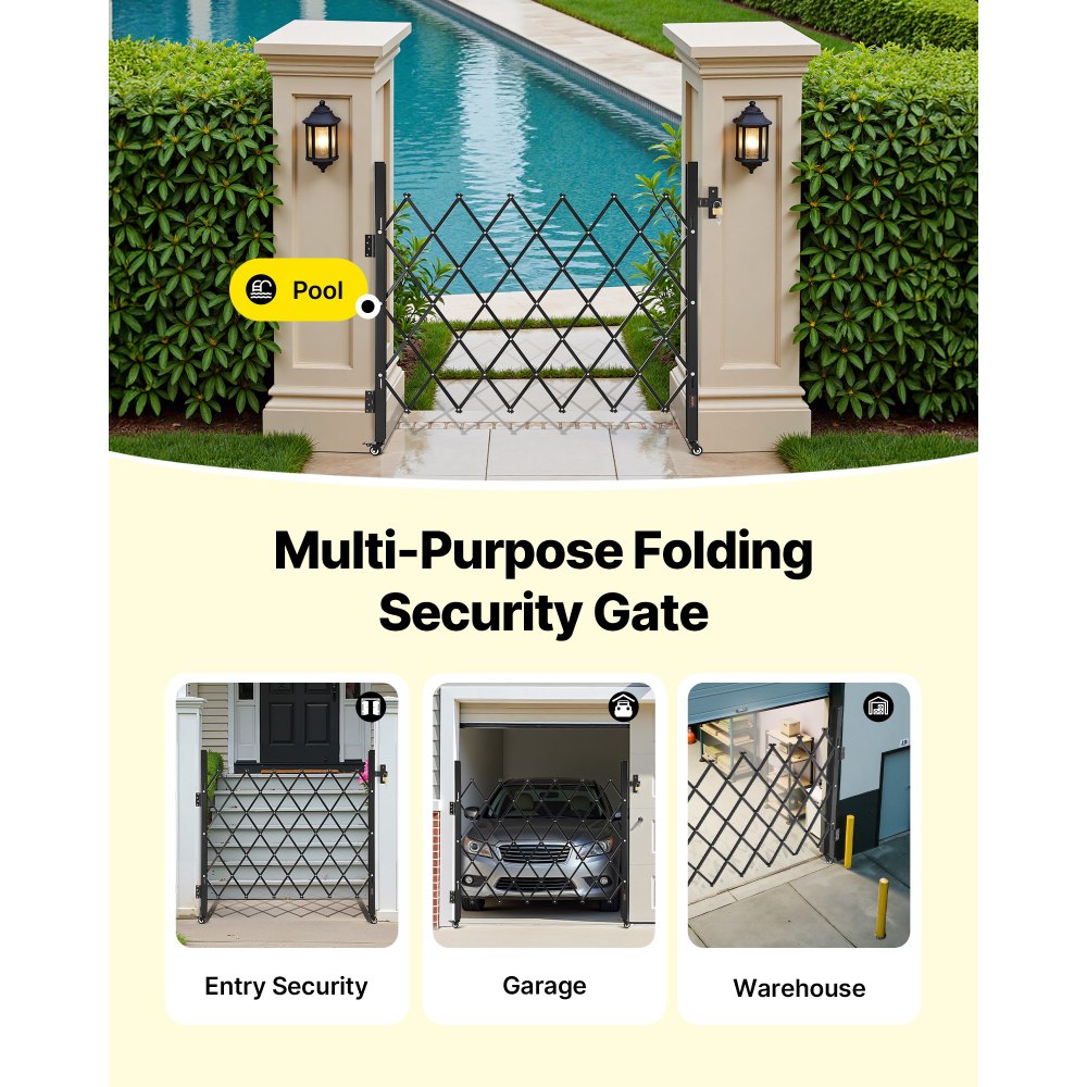 VEVOR Single Folding Security Gate, Lockable Scissor Gate with 360° Swivel Casters, Outdoor Barricade Steel Retractable Gates, for Entry Security, Garage, Warehouse & Pool, 43.31 x 51.57 in (W x H)