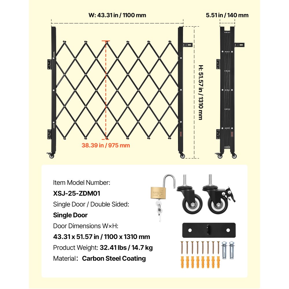 VEVOR Single Folding Security Gate, Lockable Scissor Gate with 360° Swivel Casters, Outdoor Barricade Steel Retractable Gates, for Entry Security, Garage, Warehouse & Pool, 43.31 x 51.57 in (W x H)