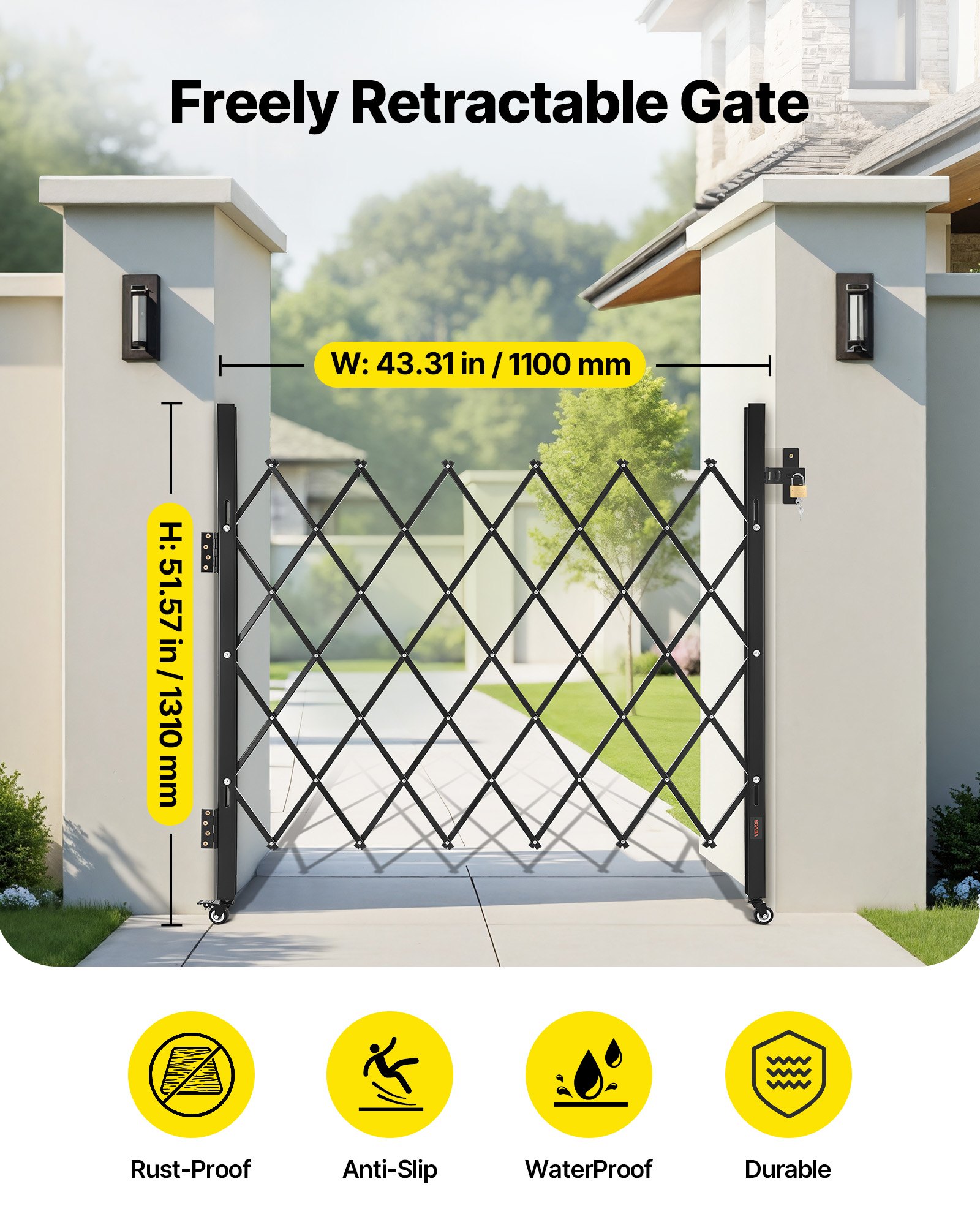VEVOR Single Folding Security Gate, Lockable Scissor Gate with 360° Swivel Casters, Outdoor Barricade Steel Retractable Gates, for Entry Security, Garage, Warehouse & Pool, 43.31 x 51.57 in (W x H)