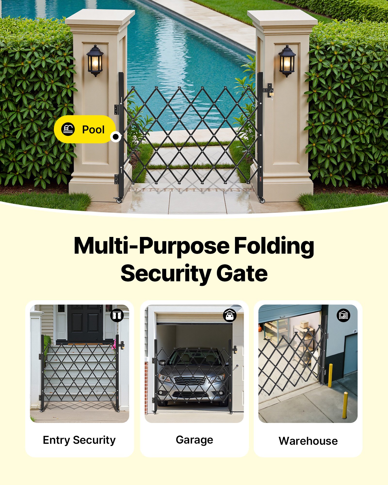 VEVOR Single Folding Security Gate, Lockable Scissor Gate with 360° Swivel Casters, Outdoor Barricade Steel Retractable Gates, for Entry Security, Garage, Warehouse & Pool, 43.31 x 51.57 in (W x H)