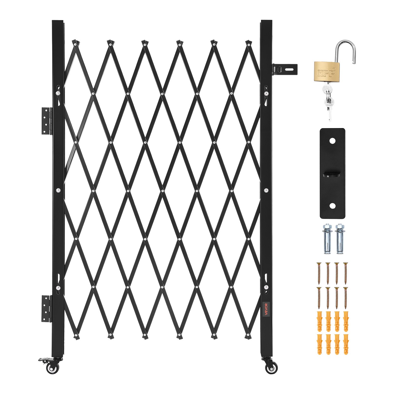 VEVOR Single Folding Security Gate, Lockable Scissor Gate with 360° Swivel Casters, Outdoor Barricade Steel Retractable Gates, for Entry Security, Garage, Warehouse & Pool, 43.31 x 51.57 in (W x H)