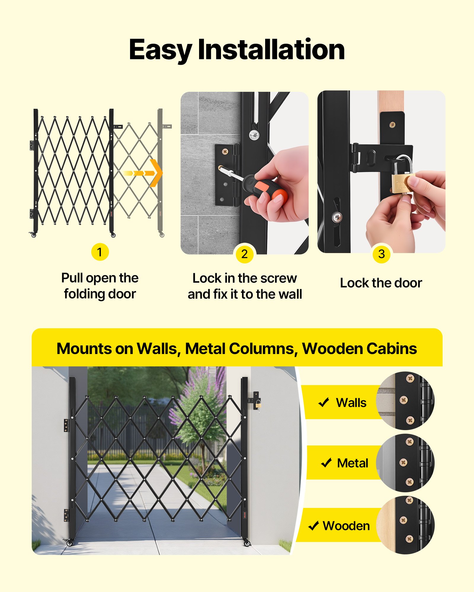VEVOR Security Gate (enkel) Afsluitbare opvouwbare schaarpoort met 360° zwenkwielen, intrekbare stalen poorten voor buiten, voor toegangscontrole, garage, magazijn, opvouwbare poort 110 x 131 cm (B x H) Zwart
