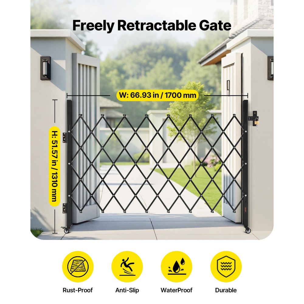 VEVOR Single Folding Security Gate, Lockable Scissor Gate with 360° Swivel Casters, Outdoor Barricade Steel Retractable Gates, for Entry Security, Garage, Warehouse & Pool, 66.93 x 51.57 in (W x H)
