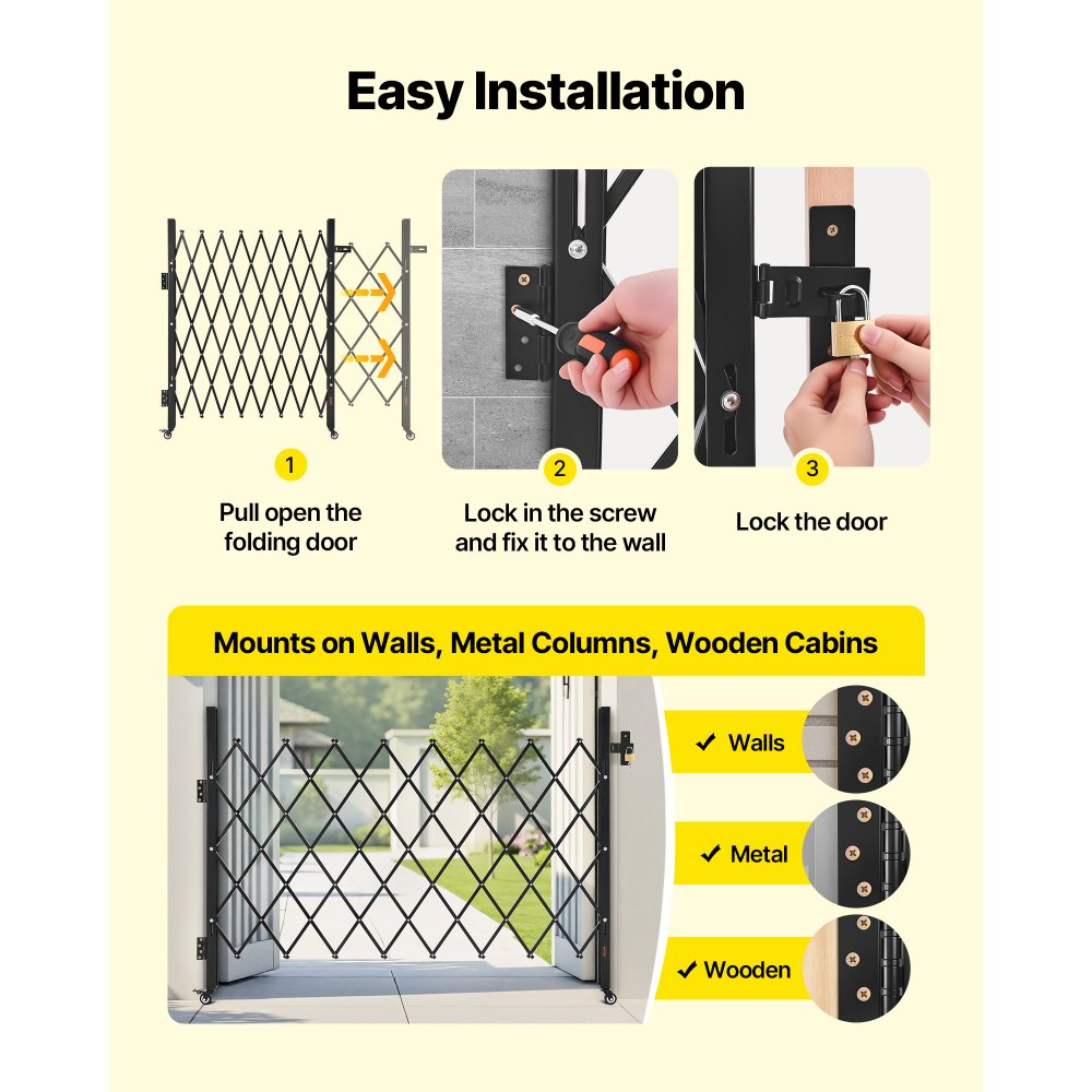 VEVOR Security Gate (enkel) Afsluitbare opvouwbare schaarpoort met 360° zwenkwielen, intrekbare stalen poorten voor buiten, voor toegang tot beveiligde garage, magazijn, opvouwbare poort 170 x 131 cm (B x H) Zwart