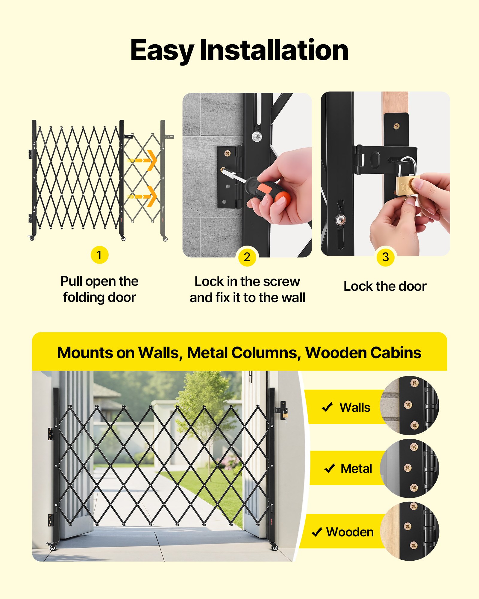 VEVOR Single Folding Security Gate, Lockable Scissor Gate with 360° Swivel Casters, Outdoor Barricade Steel Retractable Gates, for Entry Security, Garage, Warehouse & Pool, 66.93 x 51.57 in (W x H)