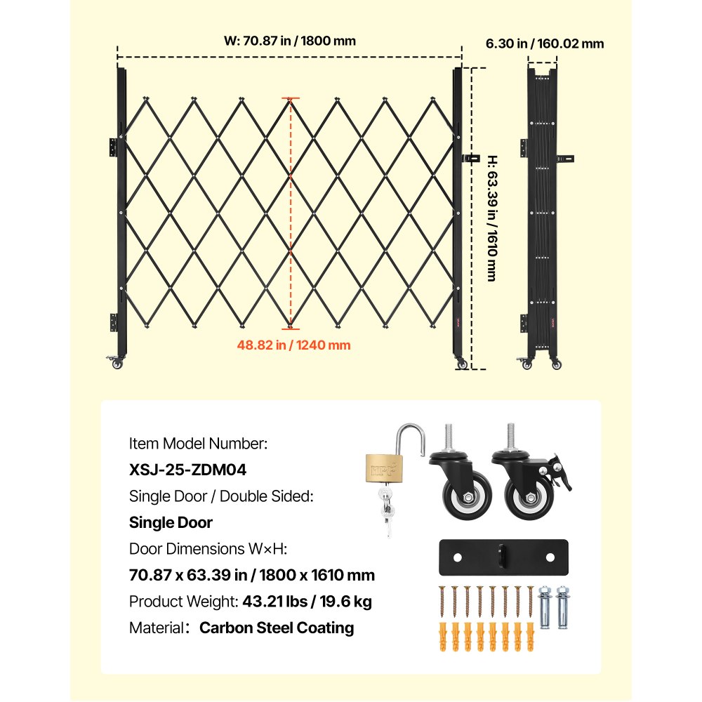 VEVOR Security Gate (enkel) Afsluitbare opvouwbare schaarpoort met 360° zwenkwielen, intrekbare stalen poorten voor buiten, voor toegangscontrole, garage, magazijn, opvouwbare poort 180 x 161 cm (B x H) Zwart
