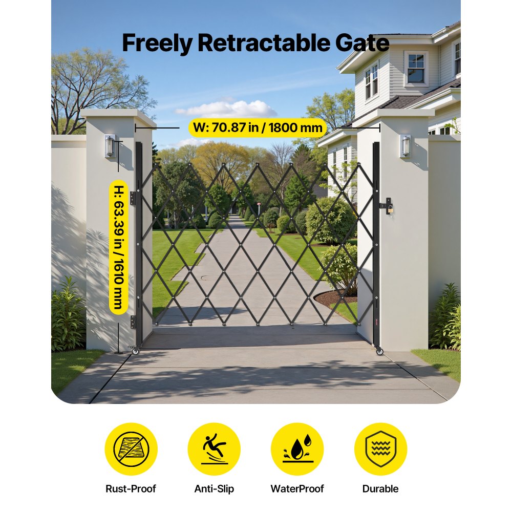 VEVOR Security Gate (enkel) Afsluitbare opvouwbare schaarpoort met 360° zwenkwielen, intrekbare stalen poorten voor buiten, voor toegangscontrole, garage, magazijn, opvouwbare poort 180 x 161 cm (B x H) Zwart