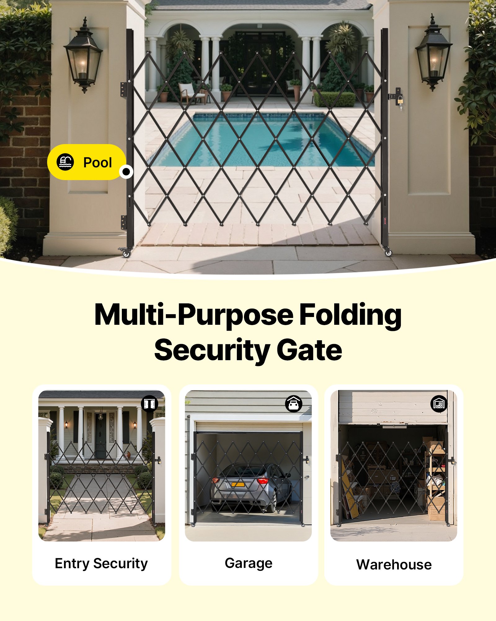 VEVOR Security Gate (enkel) Afsluitbare opvouwbare schaarpoort met 360° zwenkwielen, intrekbare stalen poorten voor buiten, voor toegangscontrole, garage, magazijn, opvouwbare poort 180 x 161 cm (B x H) Zwart