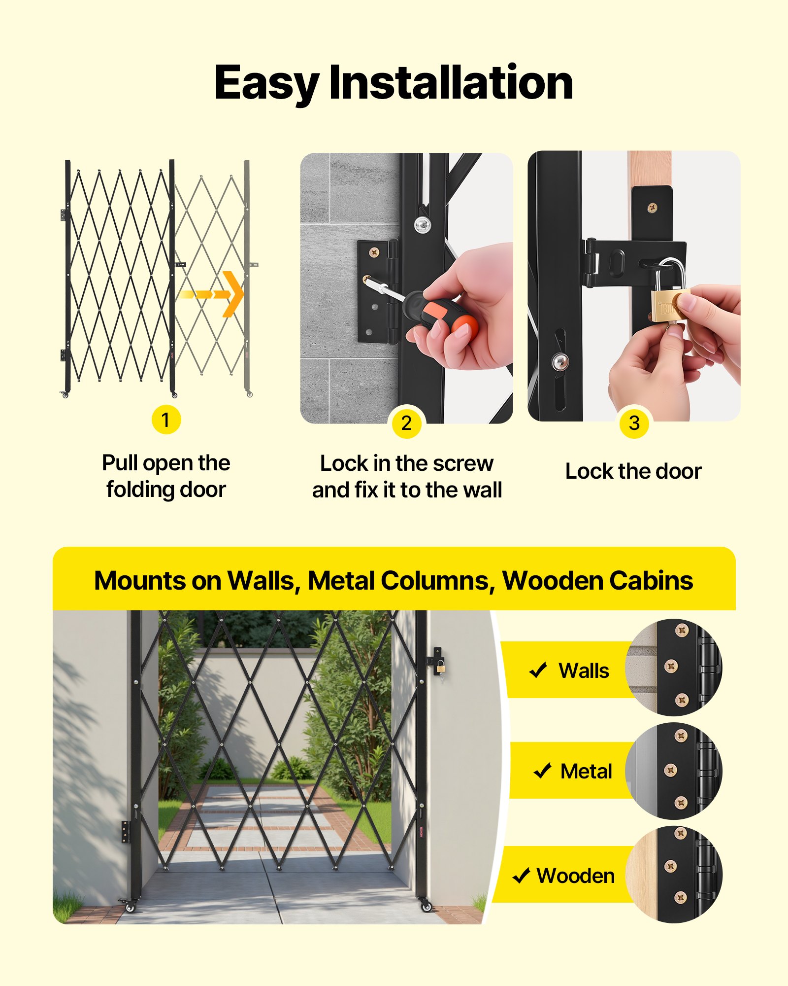 VEVOR Security Gate (enkel) afsluitbare opvouwbare schaarpoort met 360° zwenkwielen, intrekbare stalen poorten voor buiten, voor toegangscontrole, garage, magazijn, opvouwbare poort 1260 x 1975 mm (B x H) zwart