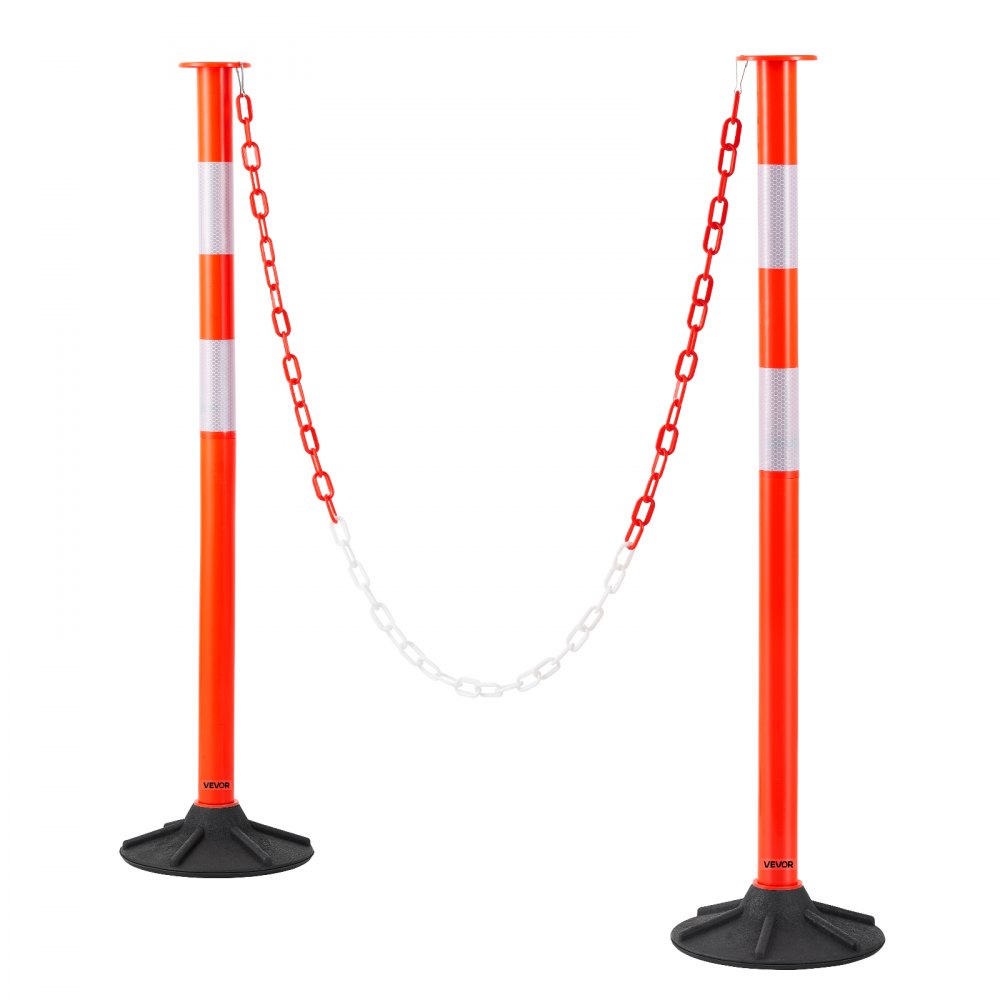 VEVOR 2 Pack Traffic Delineator Posts, 871 mm Traffic Safety Cones with Weighted Base, Reflective Strips and Chain, Heavy Duty Delineator Posts for Construction Site, Parking Lot, Crowd Control, Red