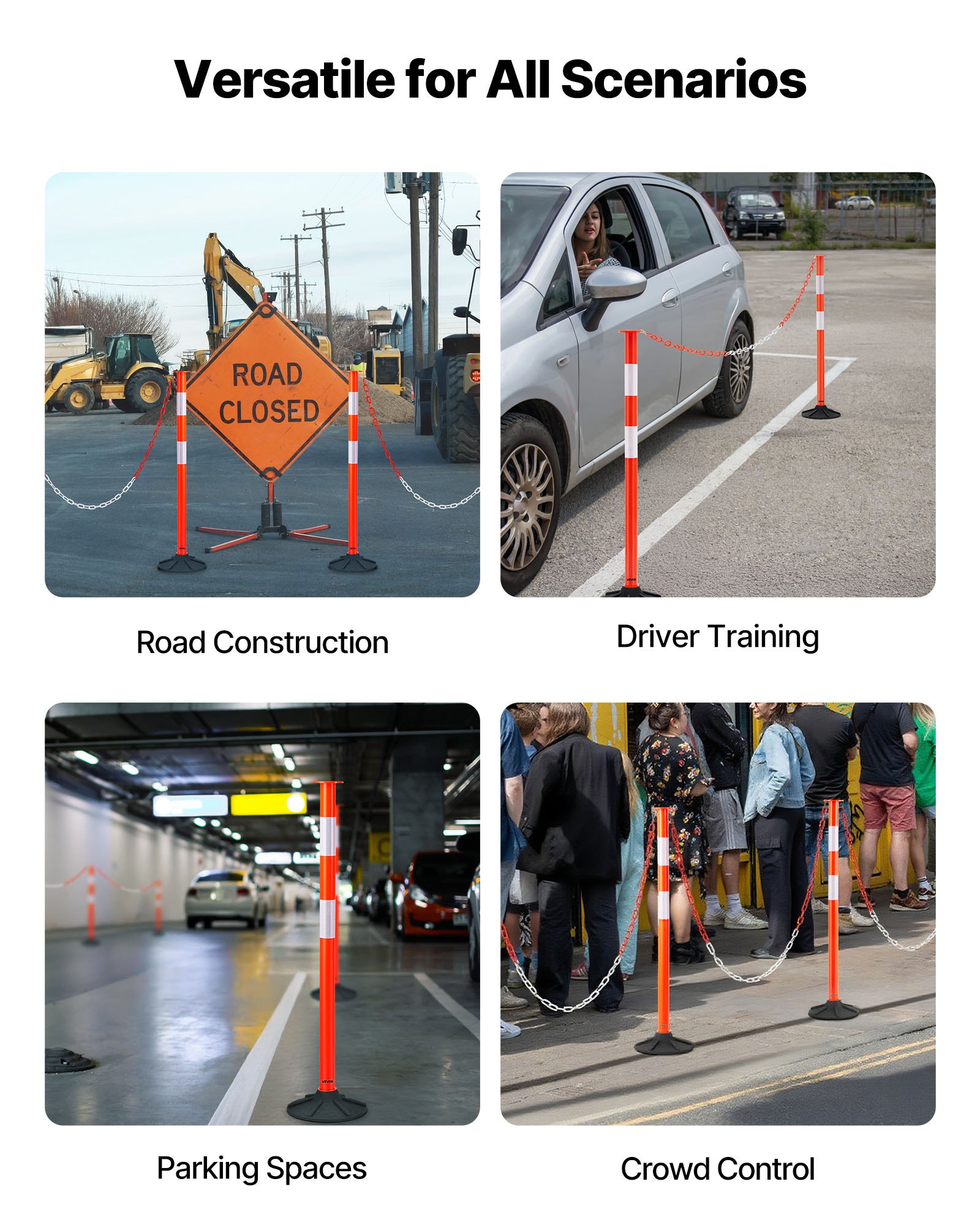 VEVOR 2 Pack Traffic Delineator Posts, 871 mm Traffic Safety Cones with Weighted Base, Reflective Strips and Chain, Heavy Duty Delineator Posts for Construction Site, Parking Lot, Crowd Control, Red