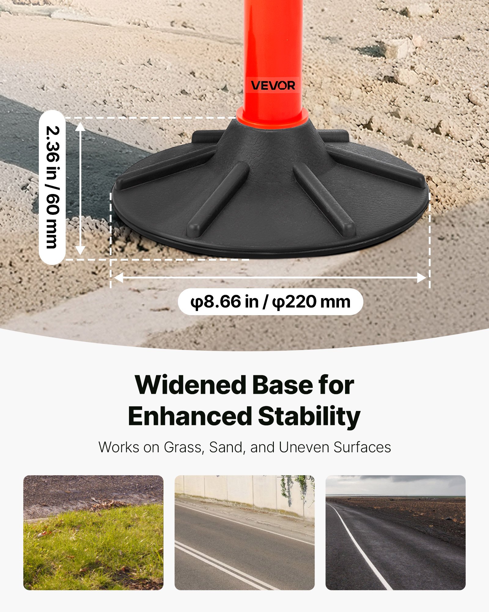 VEVOR 4 Pack Traffic Delineator Posts, 871 mm Traffic Safety Cones with Weighted Base, Reflective Strips and Chain, Heavy Duty Delineator Posts for Construction Site, Parking Lot, Crowd Control, Red