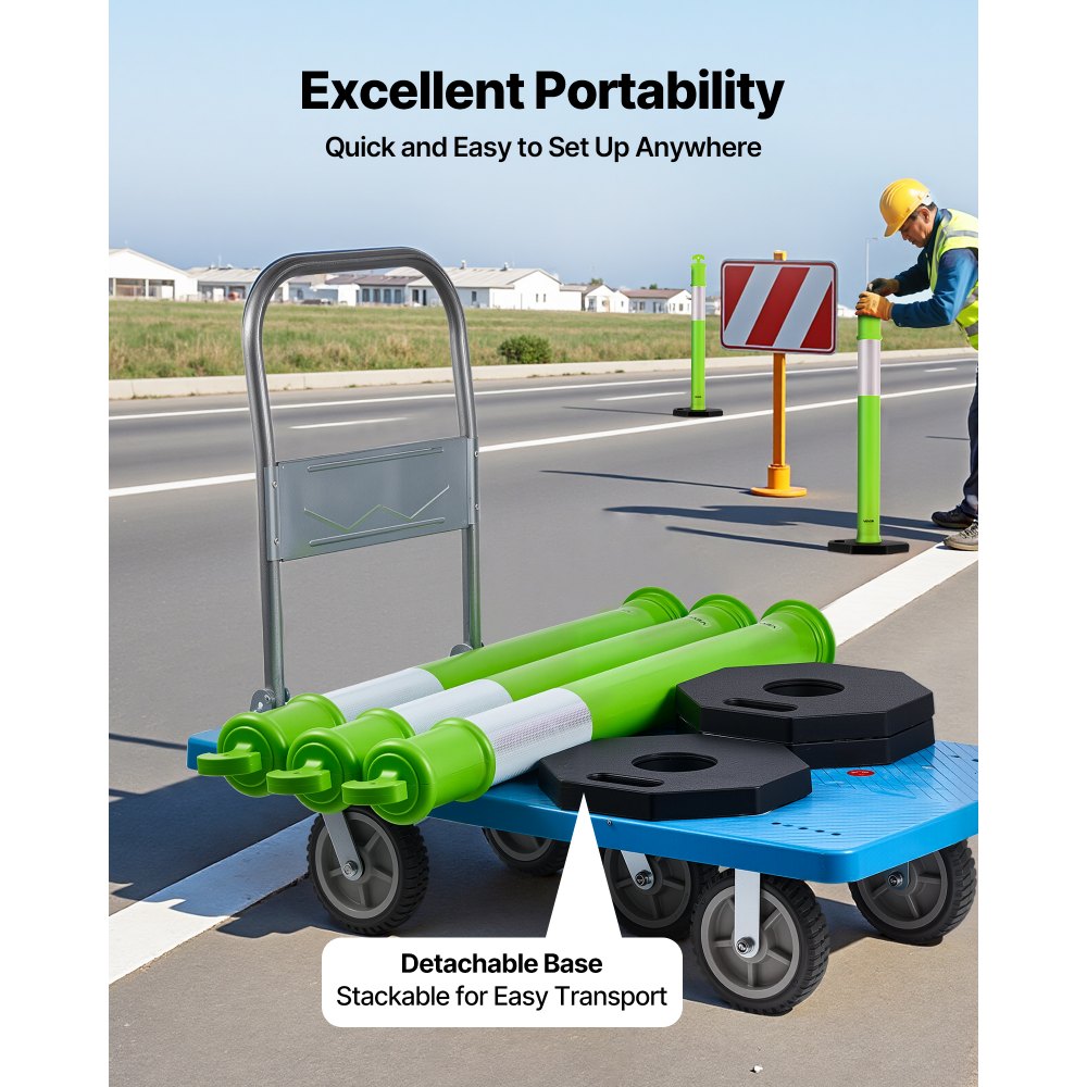 VEVOR Verkeersafbakeningspalen 3-pack (114 cm) met verzwaarde voet en reflecterende strips, afbakeningspalen voor bouwplaatsen, parkeerterreinen, dranghekken, groen