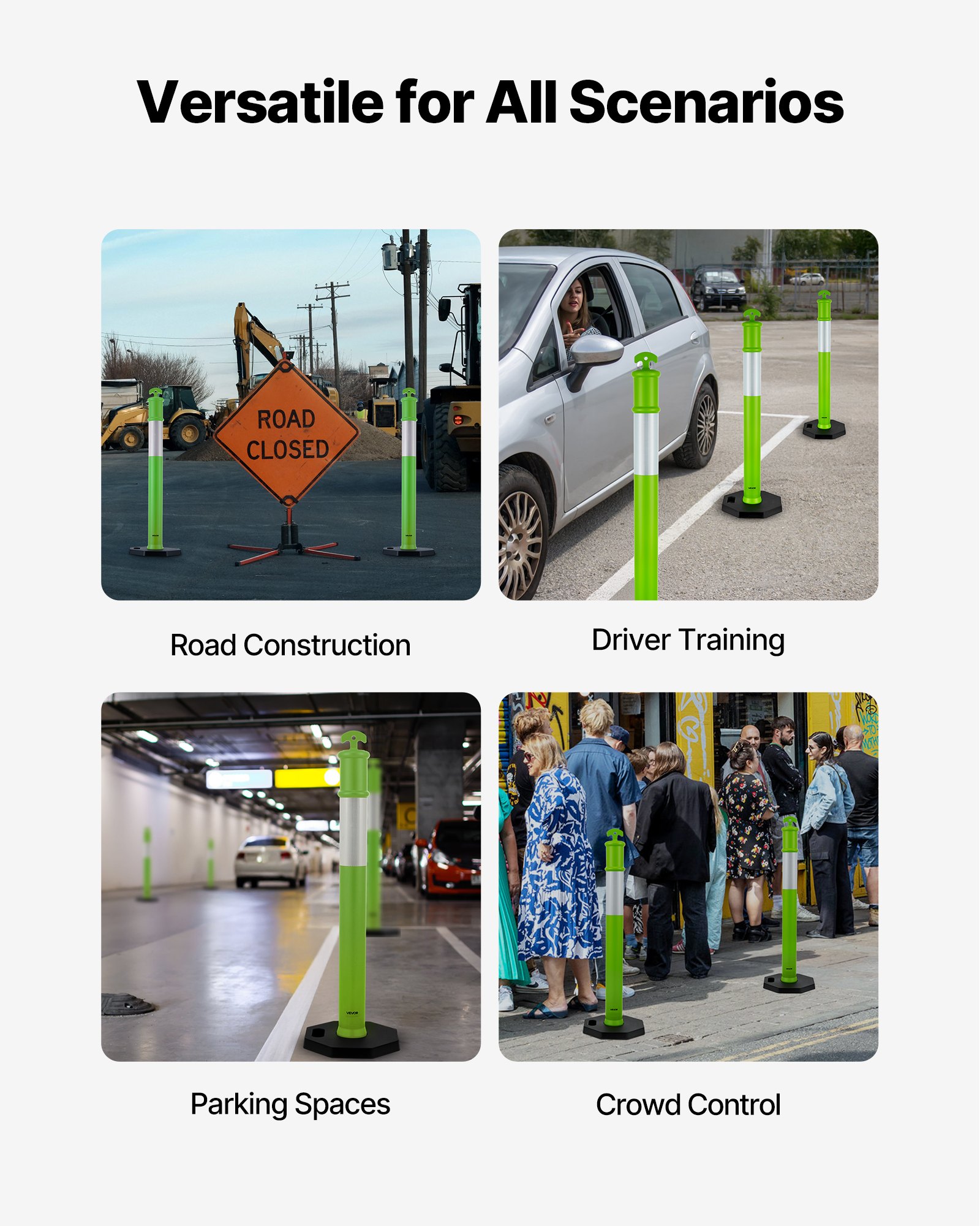 VEVOR Verkeersafbakeningspalen 3-pack (114 cm) met verzwaarde voet en reflecterende strips, afbakeningspalen voor bouwplaatsen, parkeerterreinen, dranghekken, groen