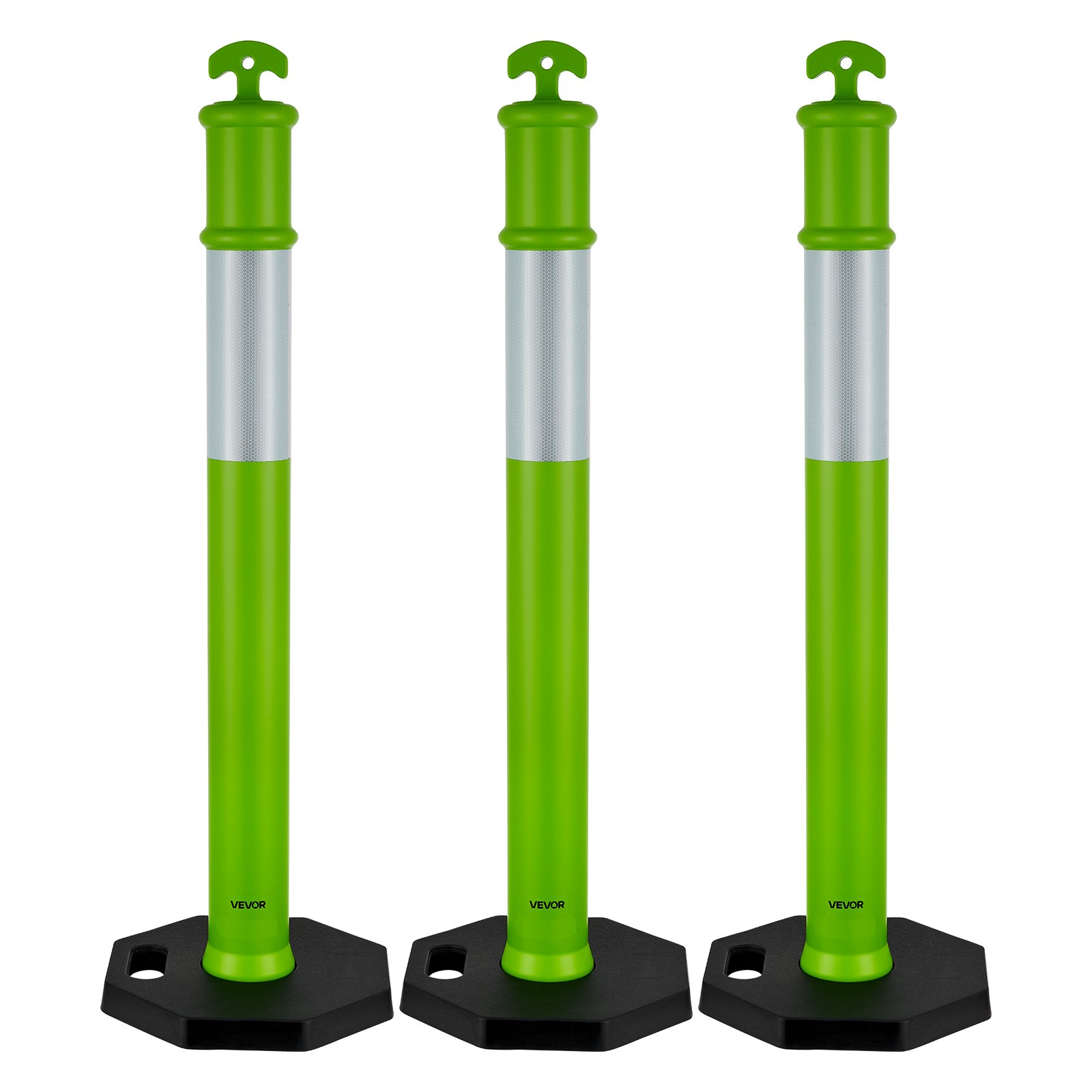 VEVOR Verkeersafbakeningspalen 3-pack (114 cm) met verzwaarde voet en reflecterende strips, afbakeningspalen voor bouwplaatsen, parkeerterreinen, dranghekken, groen