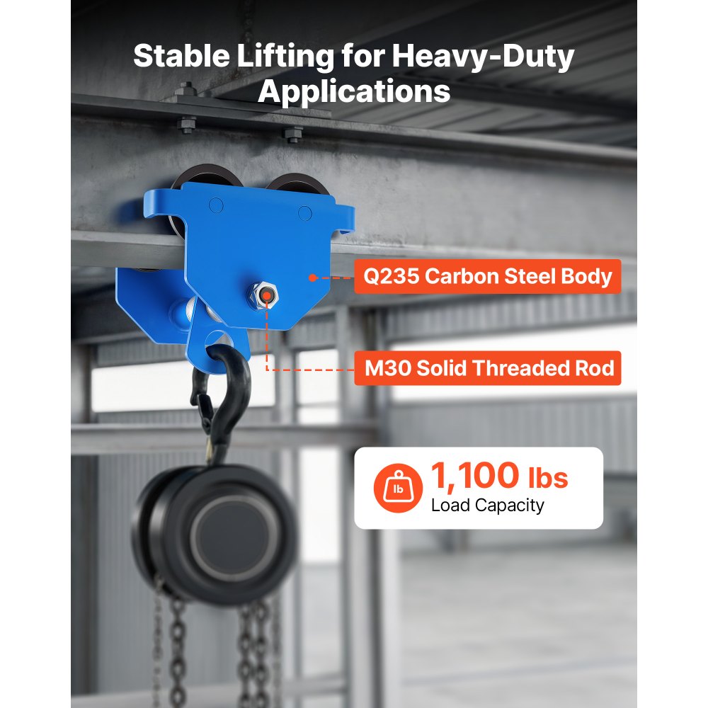 VEVOR Manual Trolley, 1100 lbs/0.5 Ton Capacity, Push Beam Trolley with Dual Wheels, Adjustable for I-Beam Flange Width 2.1" to 5.5", Heavy Duty Carbon Steel Garage Hoist for Straight & Curved I Beam