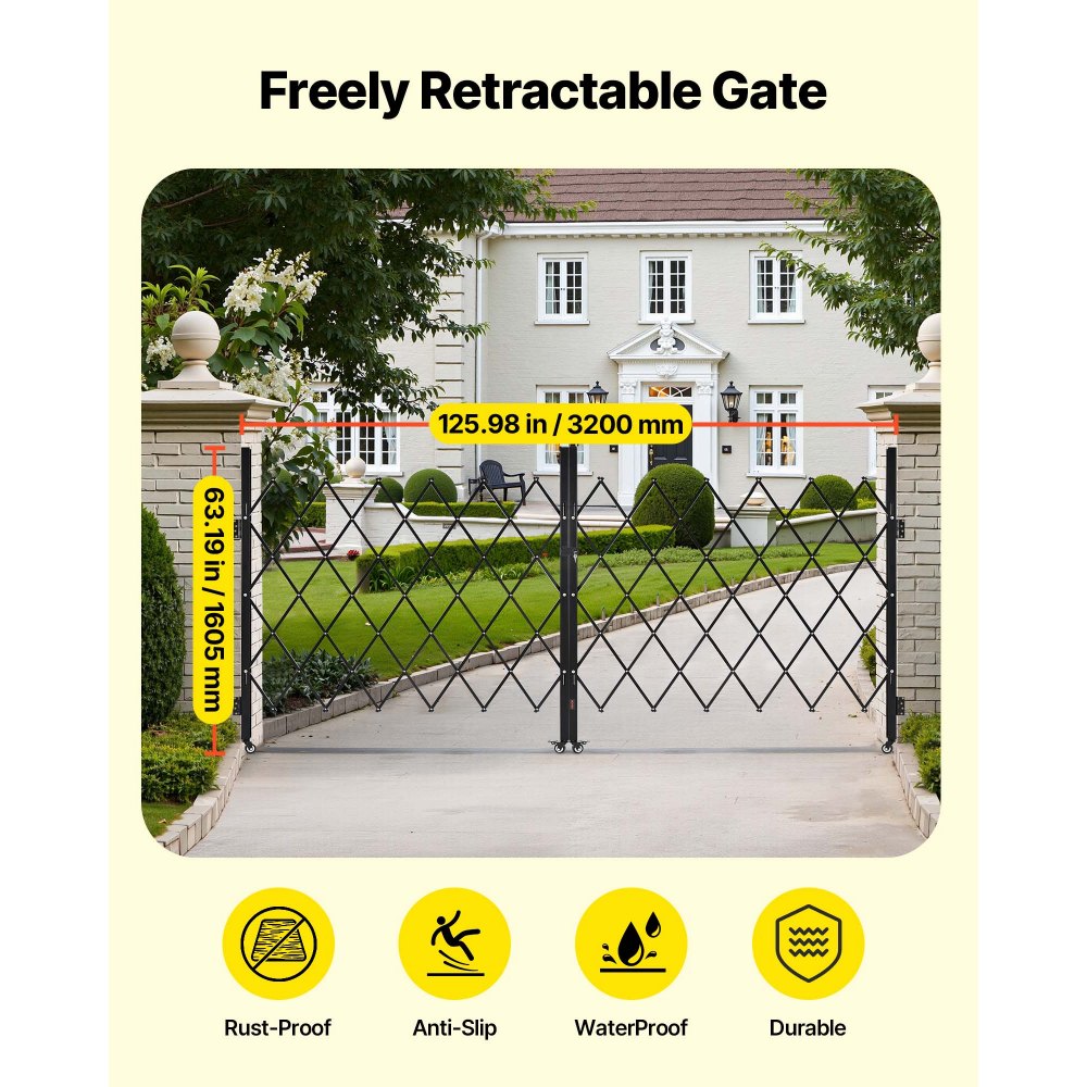 VEVOR Double Folding Security Gate, Lockable Scissor Gate with 360° Swivel Casters, Outdoor Barricade Steel Retractable Gates, for Entry Security, Garage, Warehouse & Pool, 125.98 x 63.19 in (W x H)
