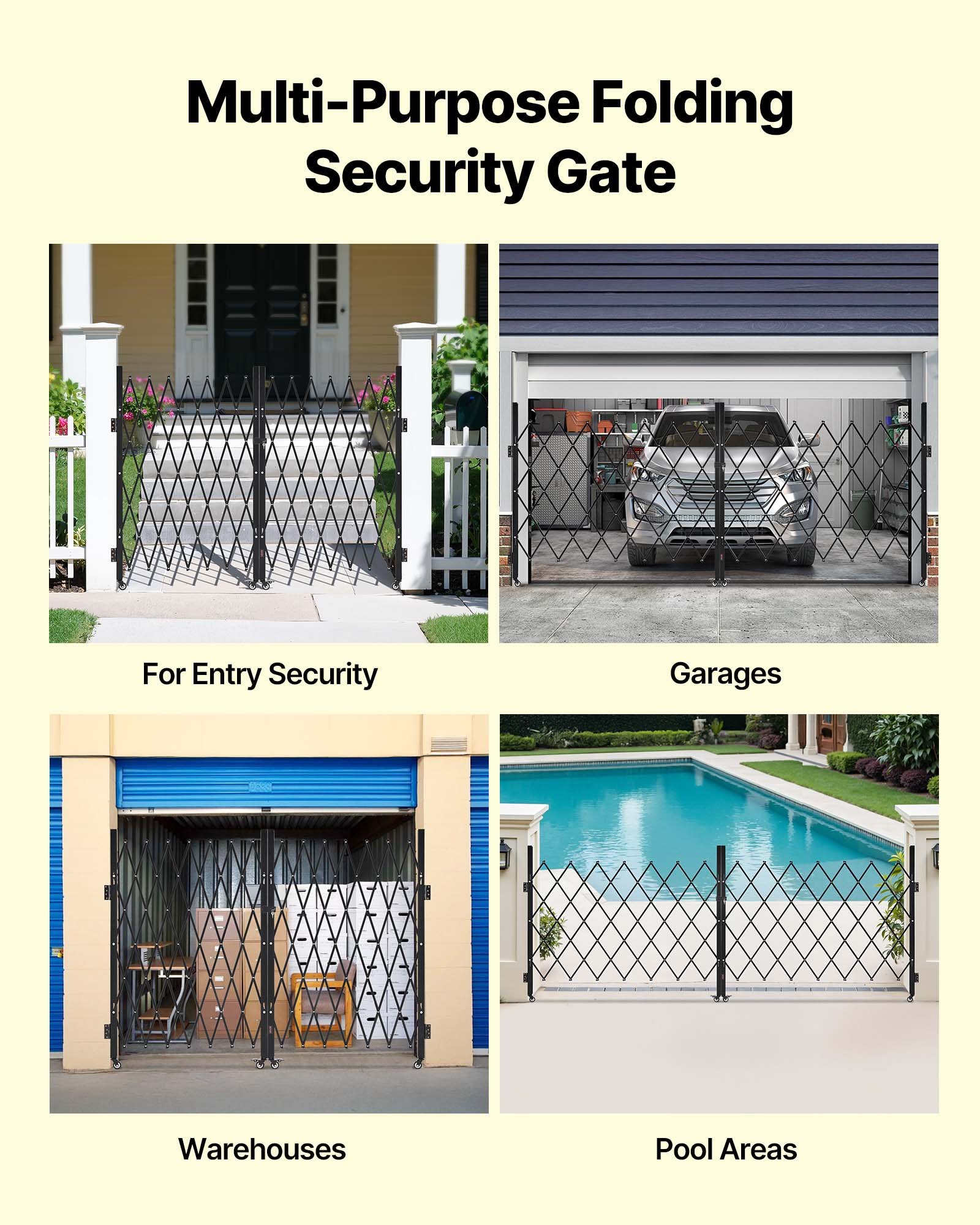 VEVOR Double Folding Security Gate, Lockable Scissor Gate with 360° Swivel Casters, Outdoor Barricade Steel Retractable Gates, for Entry Security, Garage, Warehouse & Pool, 145.67 x 63.19 in (W x H)