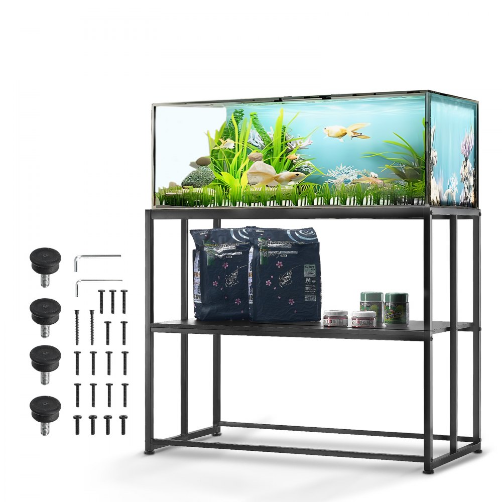 VEVOR aquarium stand with a stocked fish tank, lower shelf storage, and assembly hardware.