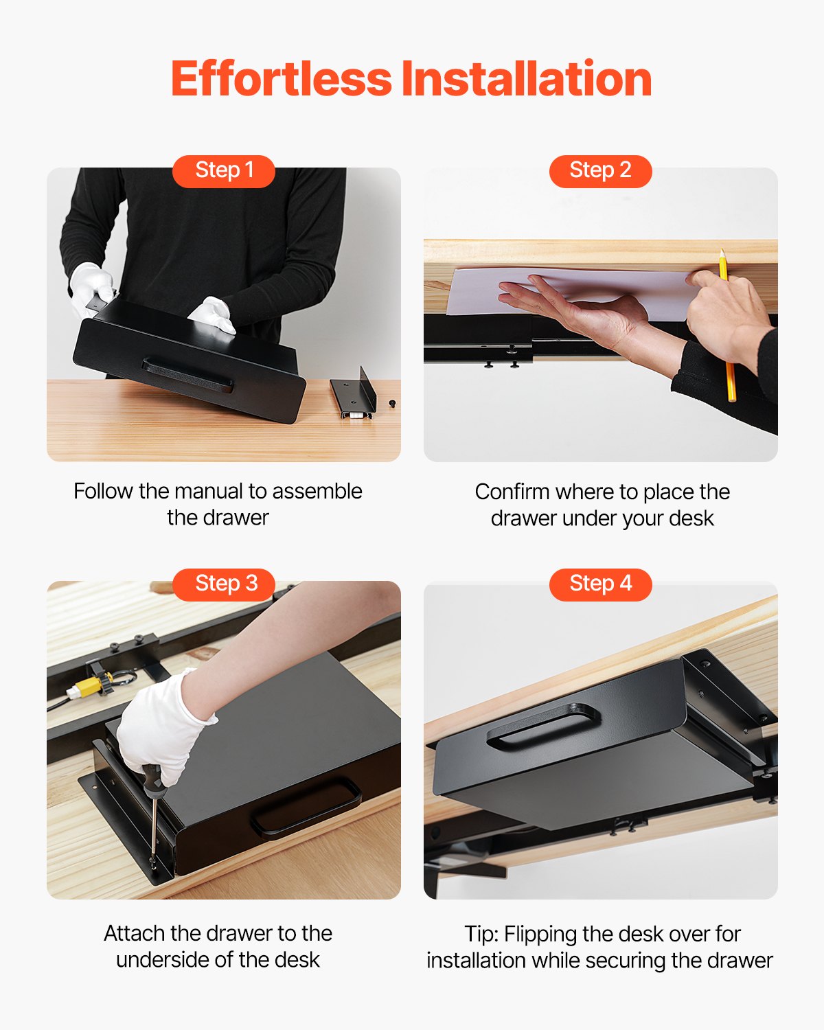 VEVOR 13" Wide Under Desk Drawer Slide Out, Under Desk Mounted Pull-out Drawer Attachment, Hidden Desktop Storage Organizer, Under Table Pencil Drawer for office Home Sit Stand Workstation, 15x9x3 in