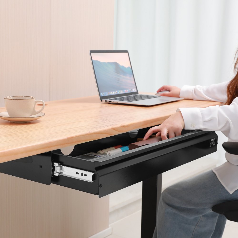 VEVOR 26" Wide Under Desk Drawer Slide Out, Under Desk Mounted Pull-out Drawer Attachment, Hidden Desktop Storage Organizer, Under Table Pencil Drawer for office Home Sit Stand Workstation, 29x9x4 in