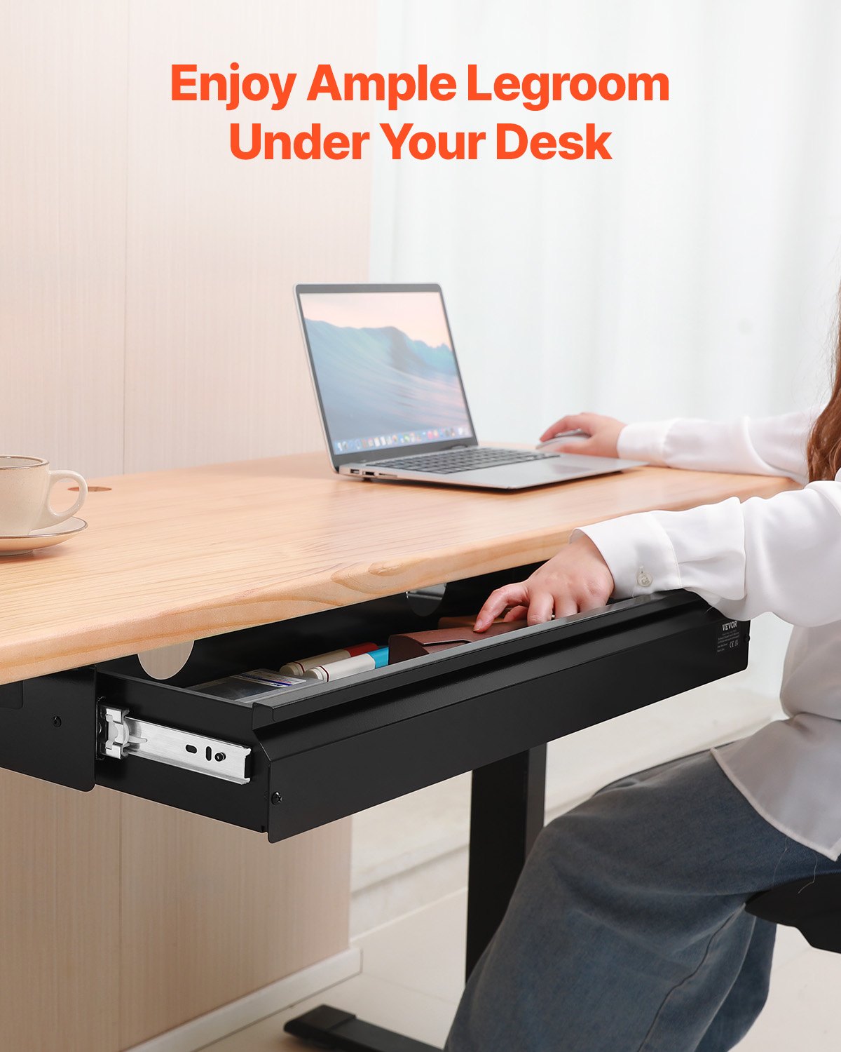 VEVOR 33" Wide Under Desk Drawer Slide Out, Under Desk Mounted Pull-out Drawer Attachment, Hidden Desktop Storage Organizer, Under Table Pencil Drawer for office Home Sit Stand Workstation, 33x9x4 in