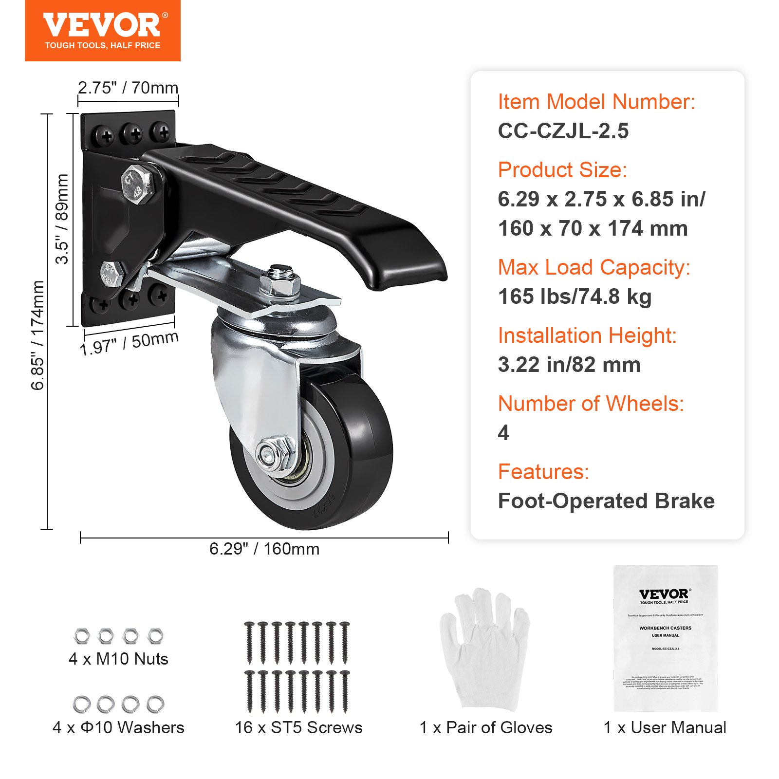 VEVOR set van 4 zwenkwielen voor werkbanken, max. draagvermogen 74,8 kg, meubelwielen, dubbele kogellagers, zwaarlastwielen van polyurethaan, transportwielen met rem, industriële wielen 160 x 70 x 174 mm