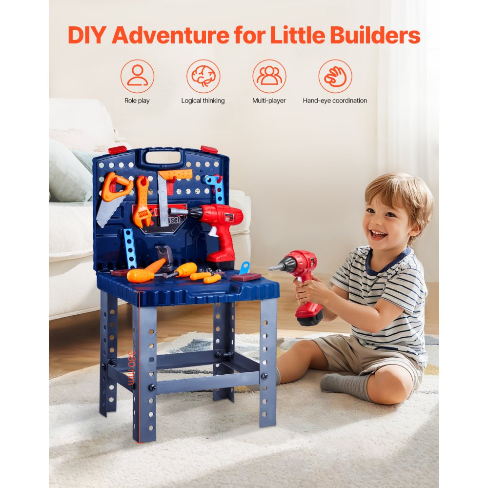VEVOR Kids Workbench, 56 pcs, Kids Tool Bench with Realistic Tools and Electric Drill, Pretend Play Construction Workbench Toys for Toddlers, Toddler Work Bench Learning Gift for Boys & Girls Age 3+