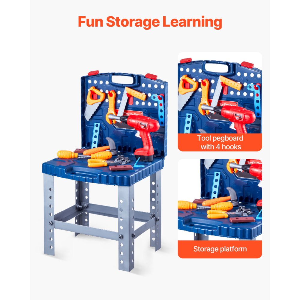 VEVOR Kids Workbench, 56 pcs, Kids Tool Bench with Realistic Tools and Electric Drill, Pretend Play Construction Workbench Toys for Toddlers, Toddler Work Bench Learning Gift for Boys & Girls Age 3+